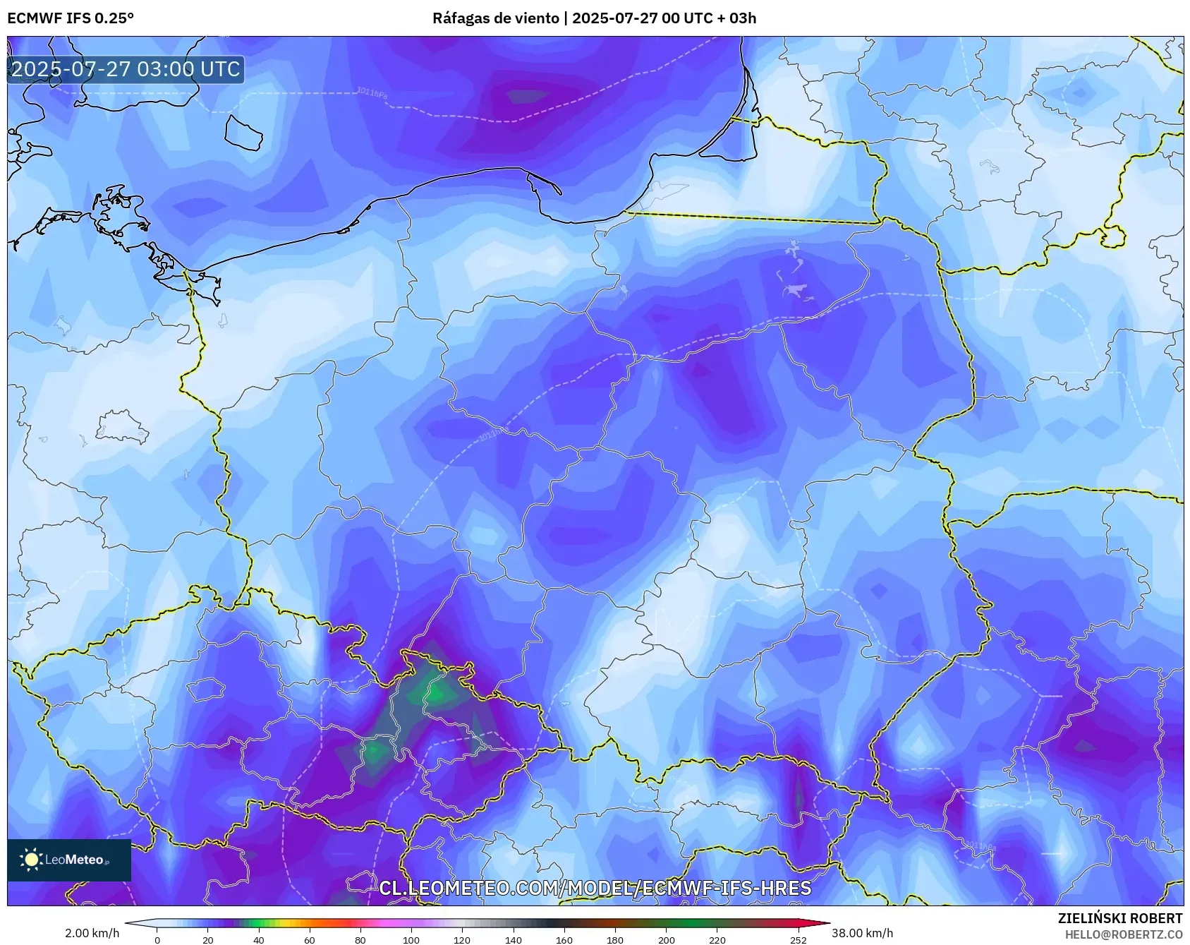 ECMWF IFS 0.25° model - Polonia, Ráfagas de viento ECMWF IFS 0.25° model - Polonia, Ráfagas de viento
