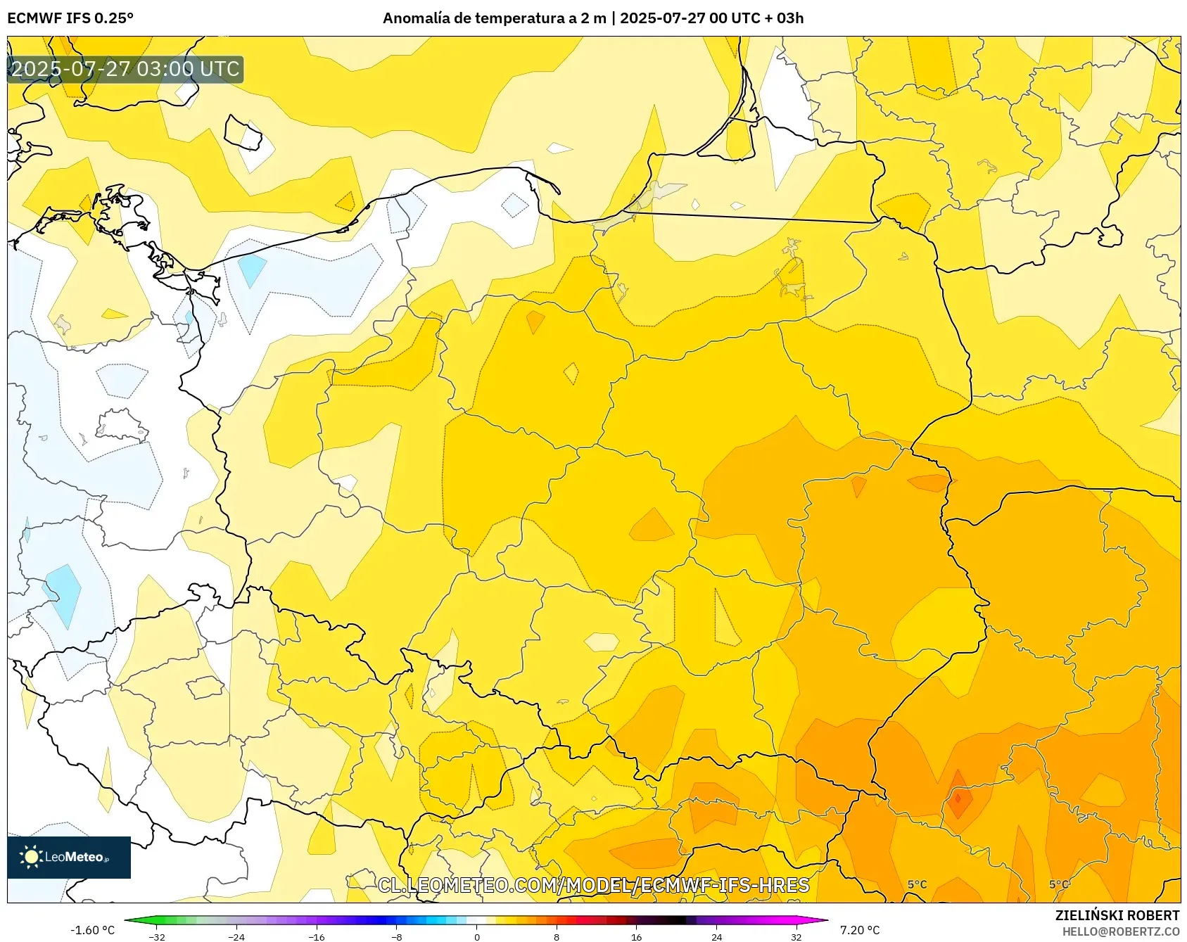 ECMWF IFS 0.25° model - Polonia, Anomalía de temperatura a 2 m ECMWF IFS 0.25° model - Polonia, Anomalía de temperatura a 2 m