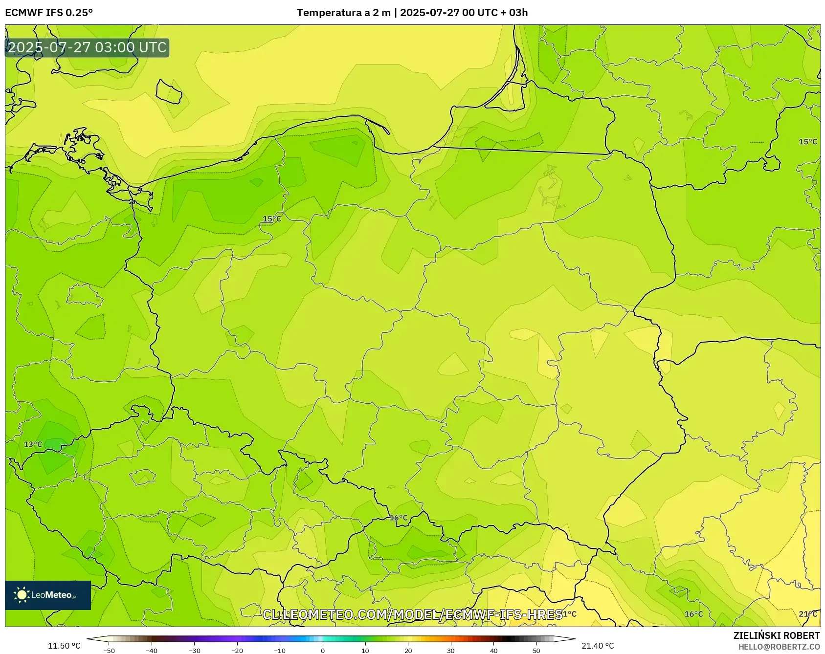 ECMWF IFS 0.25° model - Polonia, Temperatura a 2 m ECMWF IFS 0.25° model - Polonia, Temperatura a 2 m