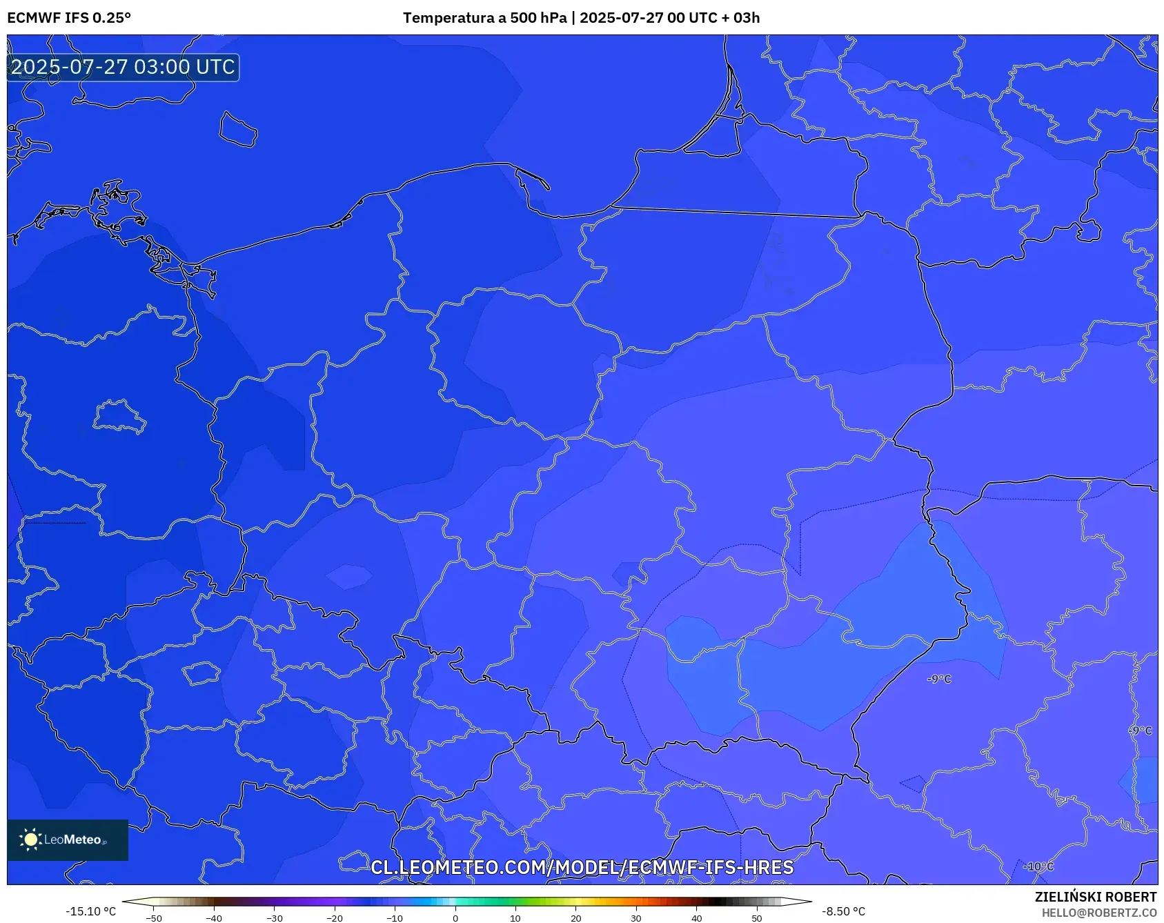 ECMWF IFS 0.25° model - Polonia, Temperatura a 500 hPa