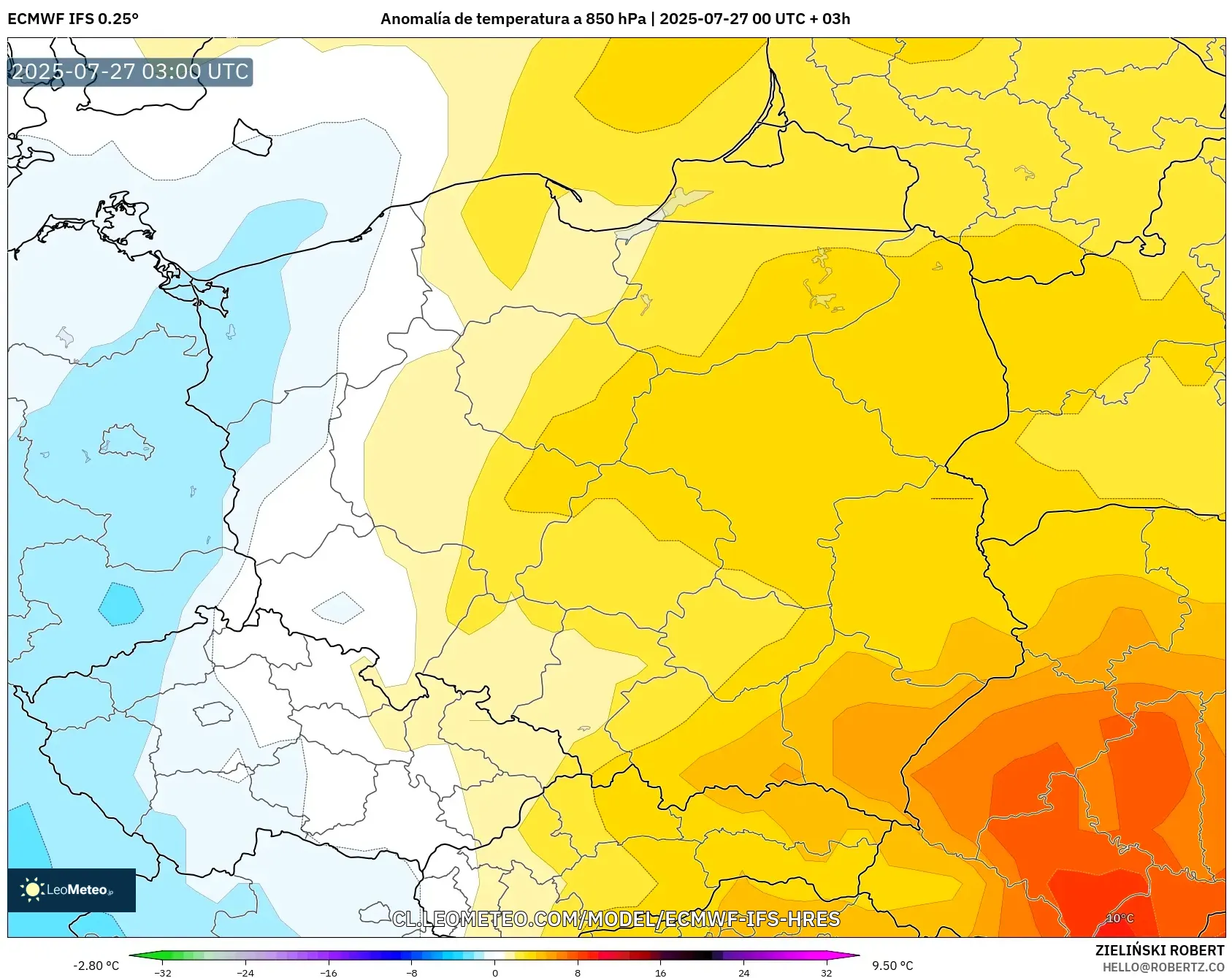 ECMWF IFS 0.25° model - Polonia, Anomalía de temperatura a 850 hPa ECMWF IFS 0.25° model - Polonia, Anomalía de temperatura a 850 hPa