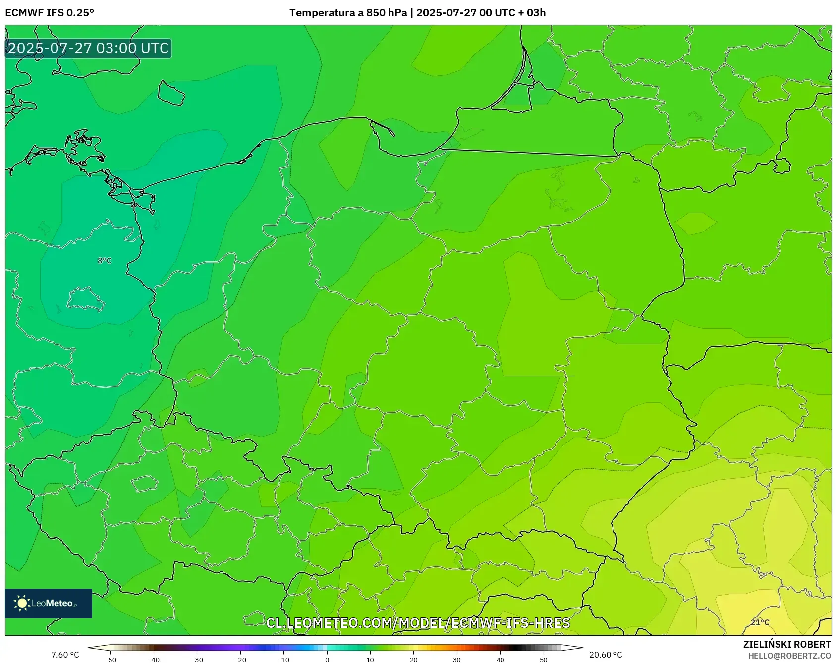 ECMWF IFS 0.25° model - Polonia, Temperatura a 850 hPa ECMWF IFS 0.25° model - Polonia, Temperatura a 850 hPa