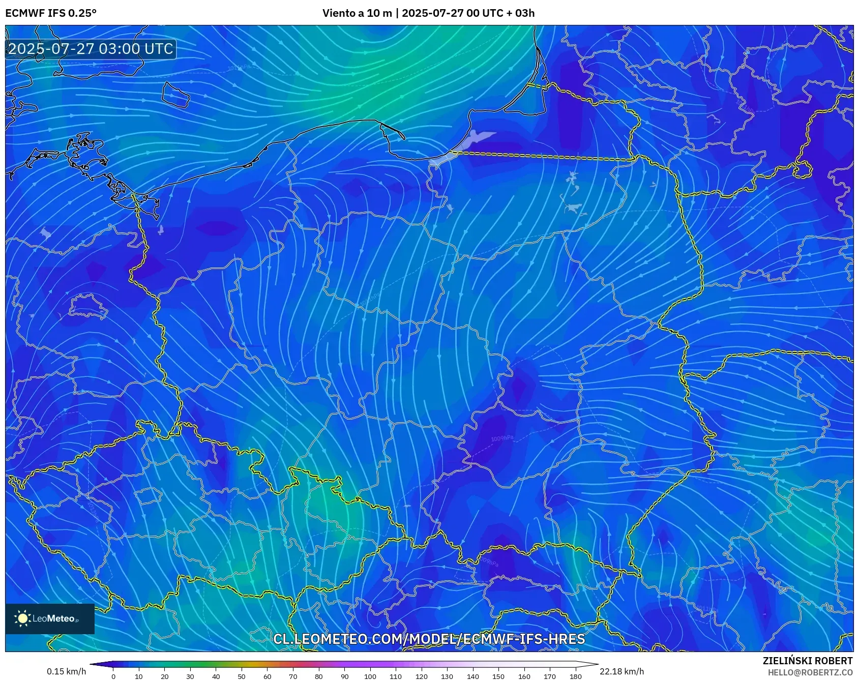 ECMWF IFS 0.25° model - Polonia, Viento a 10 m ECMWF IFS 0.25° model - Polonia, Viento a 10 m