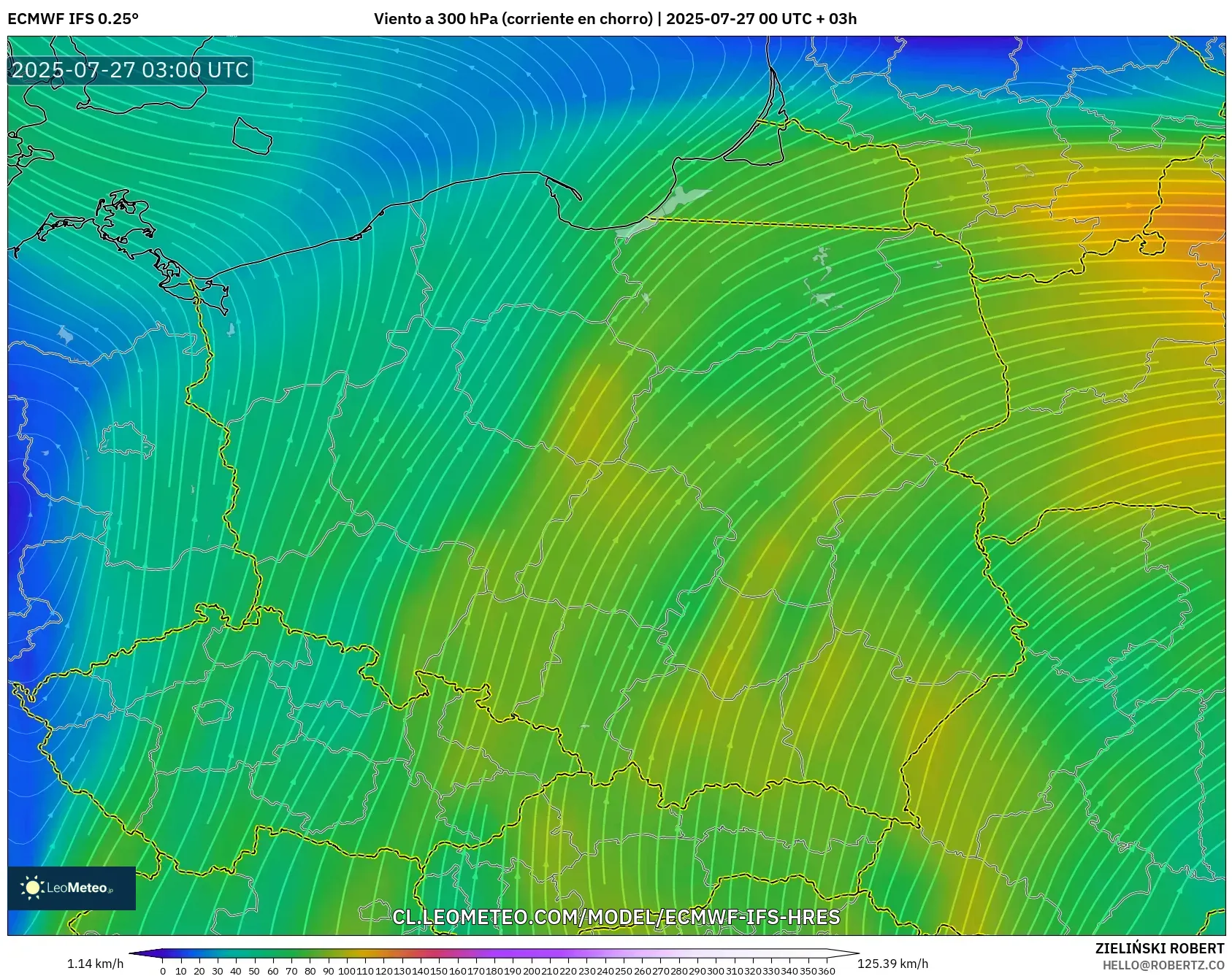 ECMWF IFS 0.25° model - Polonia, Viento a 300 hPa (corriente en chorro) ECMWF IFS 0.25° model - Polonia, Viento a 300 hPa (corriente en chorro)