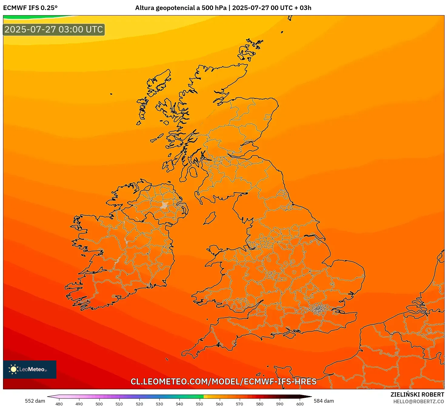ECMWF IFS 0.25° model - Reino Unido, Altura geopotencial a 500 hPa ECMWF IFS 0.25° model - Reino Unido, Altura geopotencial a 500 hPa
