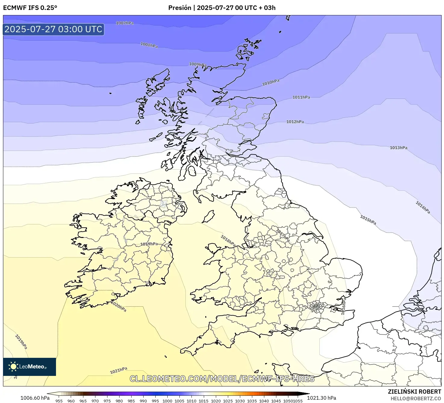 ECMWF IFS 0.25° model - Reino Unido, Presión