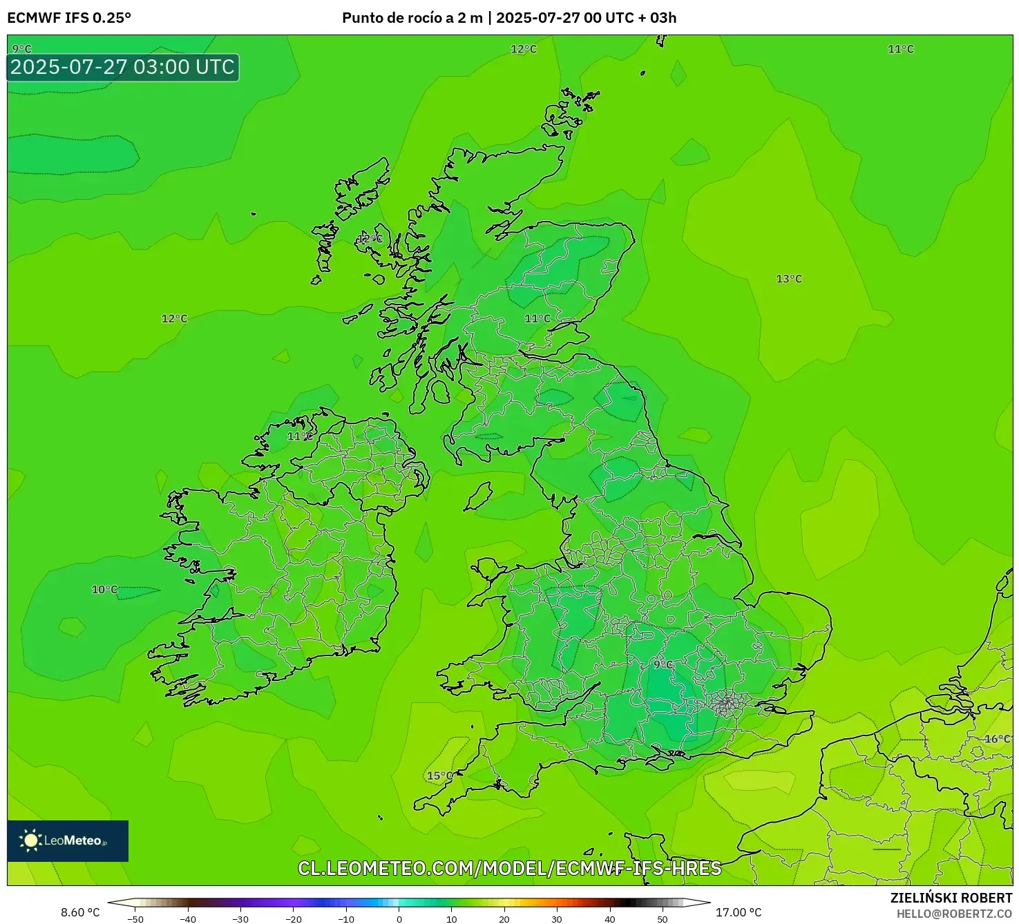ECMWF IFS 0.25° model - Reino Unido, Punto de rocío a 2 m