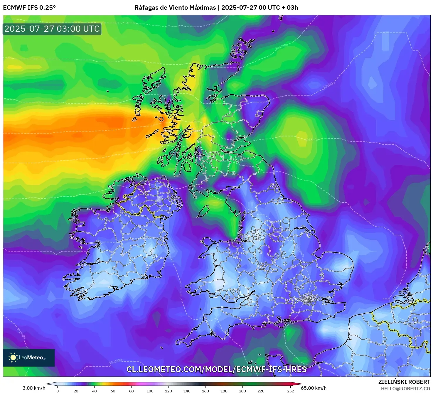 ECMWF IFS 0.25° model - Reino Unido, Ráfagas de Viento Máximas ECMWF IFS 0.25° model - Reino Unido, Ráfagas de Viento Máximas