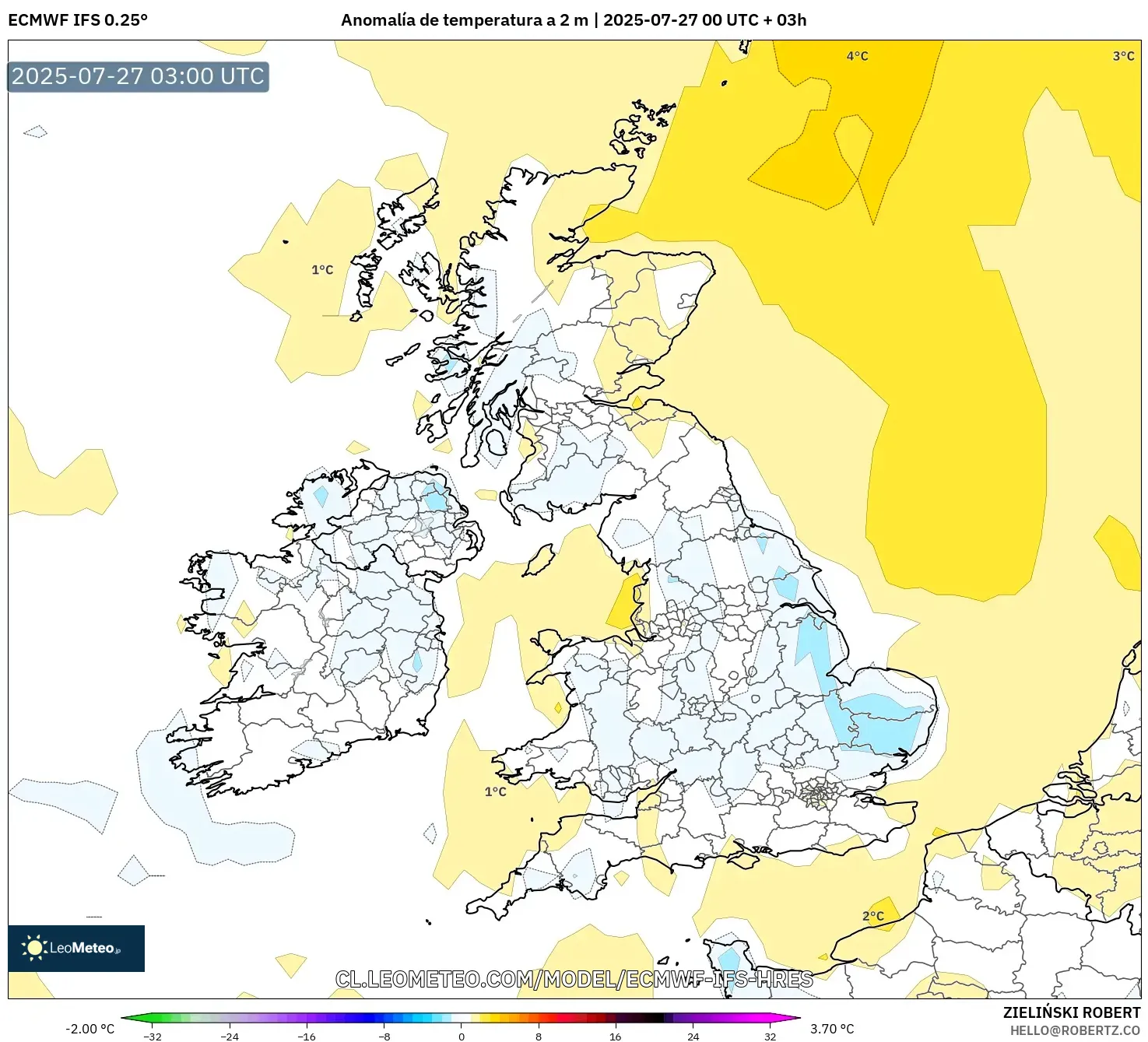 ECMWF IFS 0.25° model - Reino Unido, Anomalía de temperatura a 2 m ECMWF IFS 0.25° model - Reino Unido, Anomalía de temperatura a 2 m