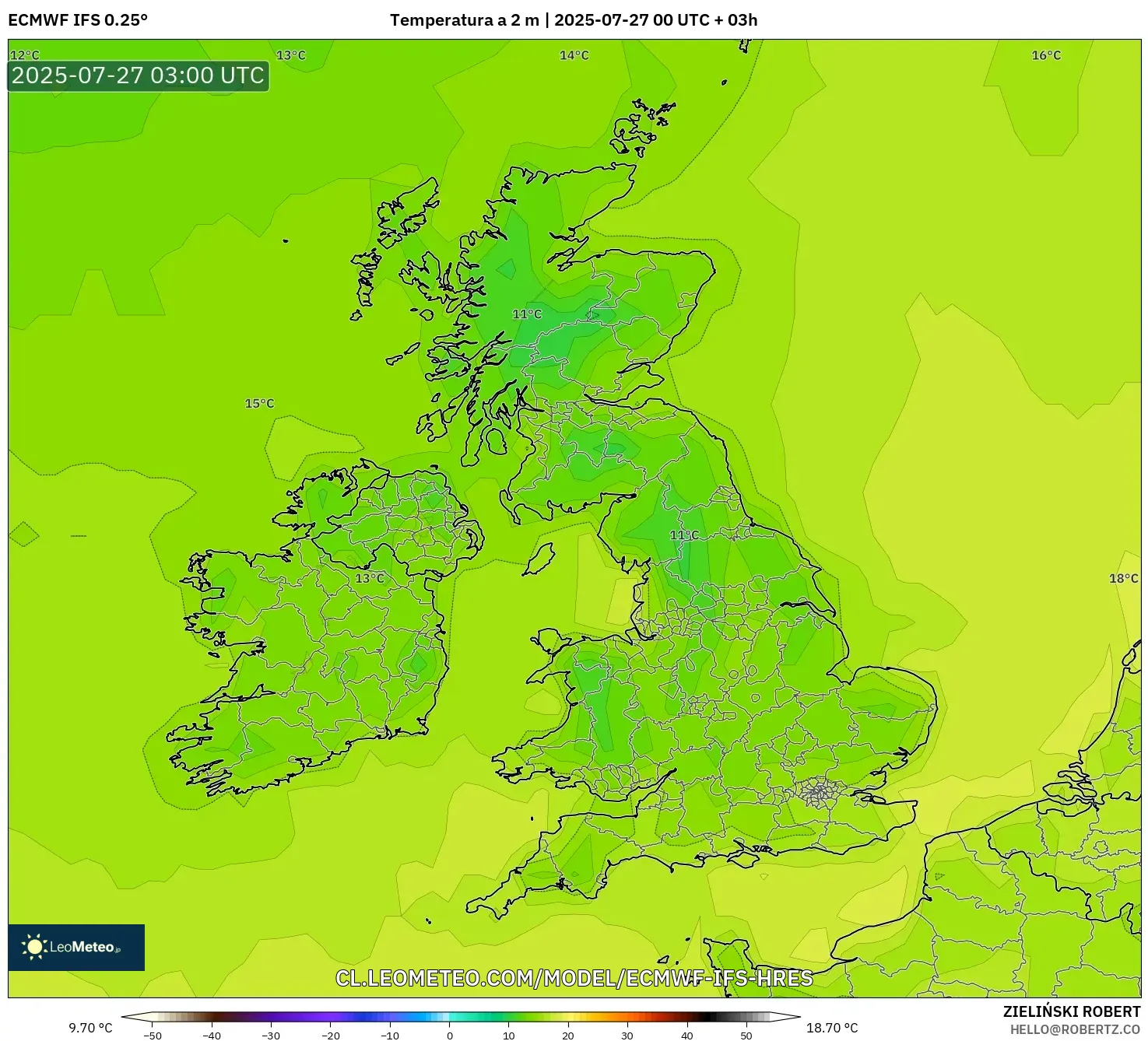 ECMWF IFS 0.25° model - Reino Unido, Temperatura a 2 m