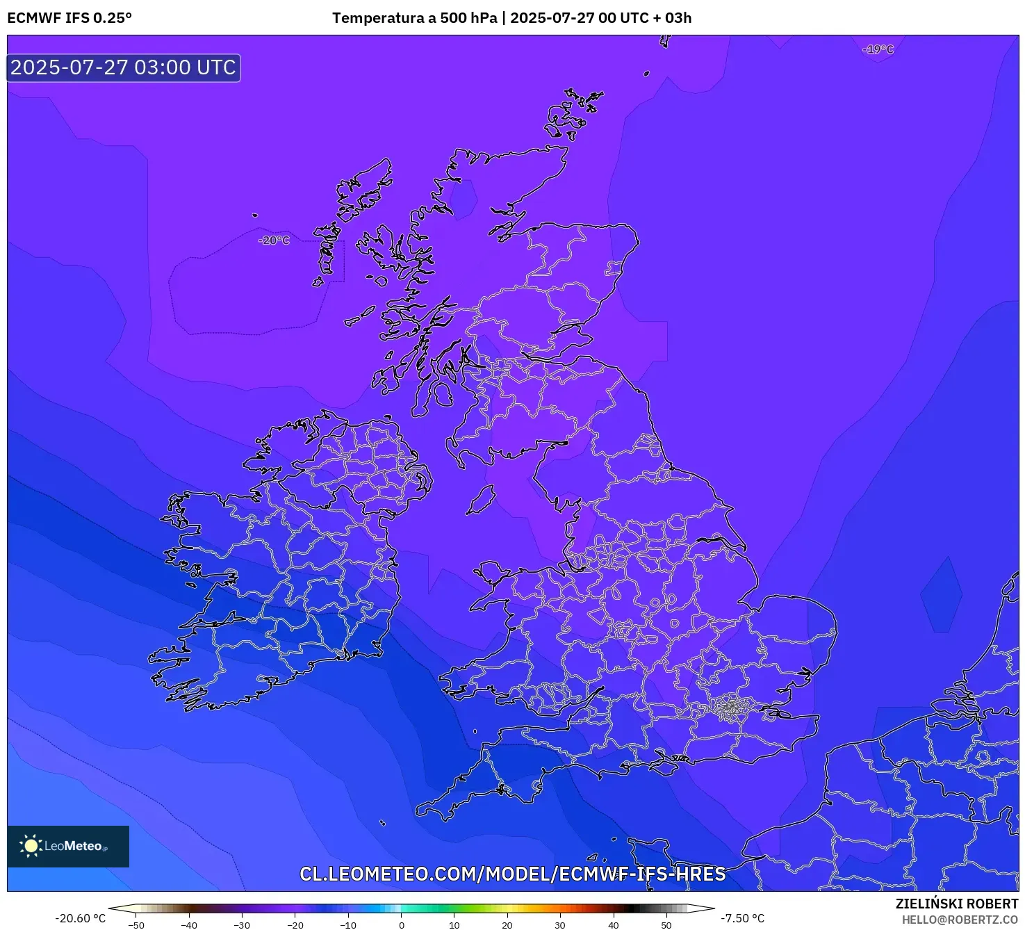 ECMWF IFS 0.25° model - Reino Unido, Temperatura a 500 hPa ECMWF IFS 0.25° model - Reino Unido, Temperatura a 500 hPa