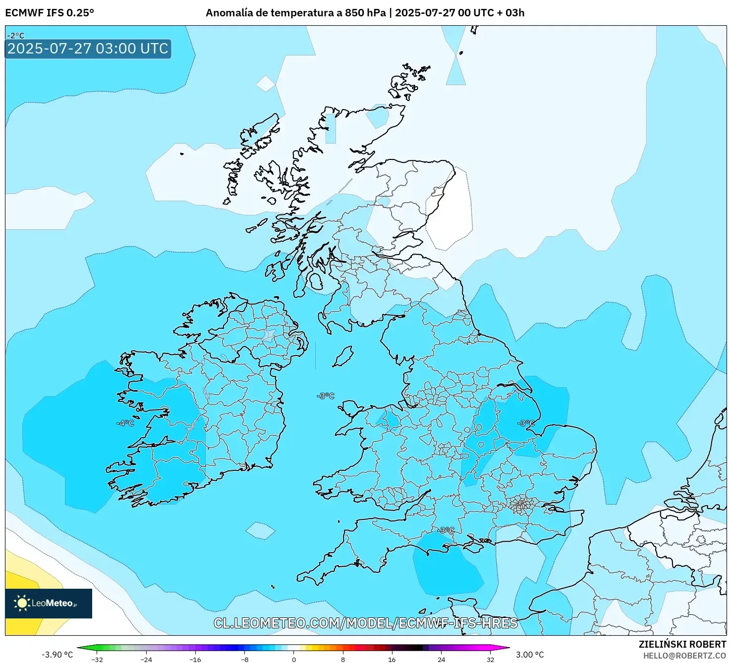 ECMWF IFS 0.25° model - Reino Unido, Anomalía de temperatura a 850 hPa ECMWF IFS 0.25° model - Reino Unido, Anomalía de temperatura a 850 hPa
