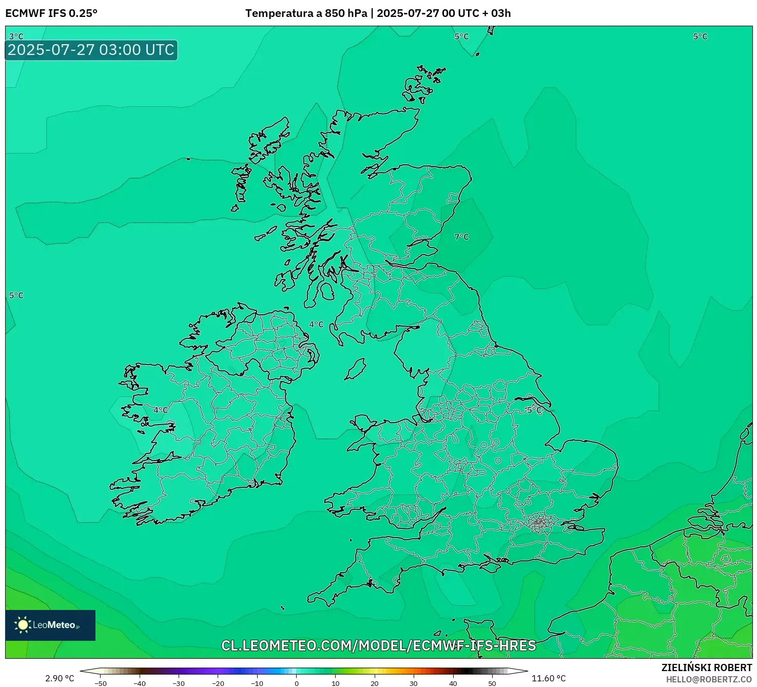 ECMWF IFS 0.25° model - Reino Unido, Temperatura a 850 hPa ECMWF IFS 0.25° model - Reino Unido, Temperatura a 850 hPa