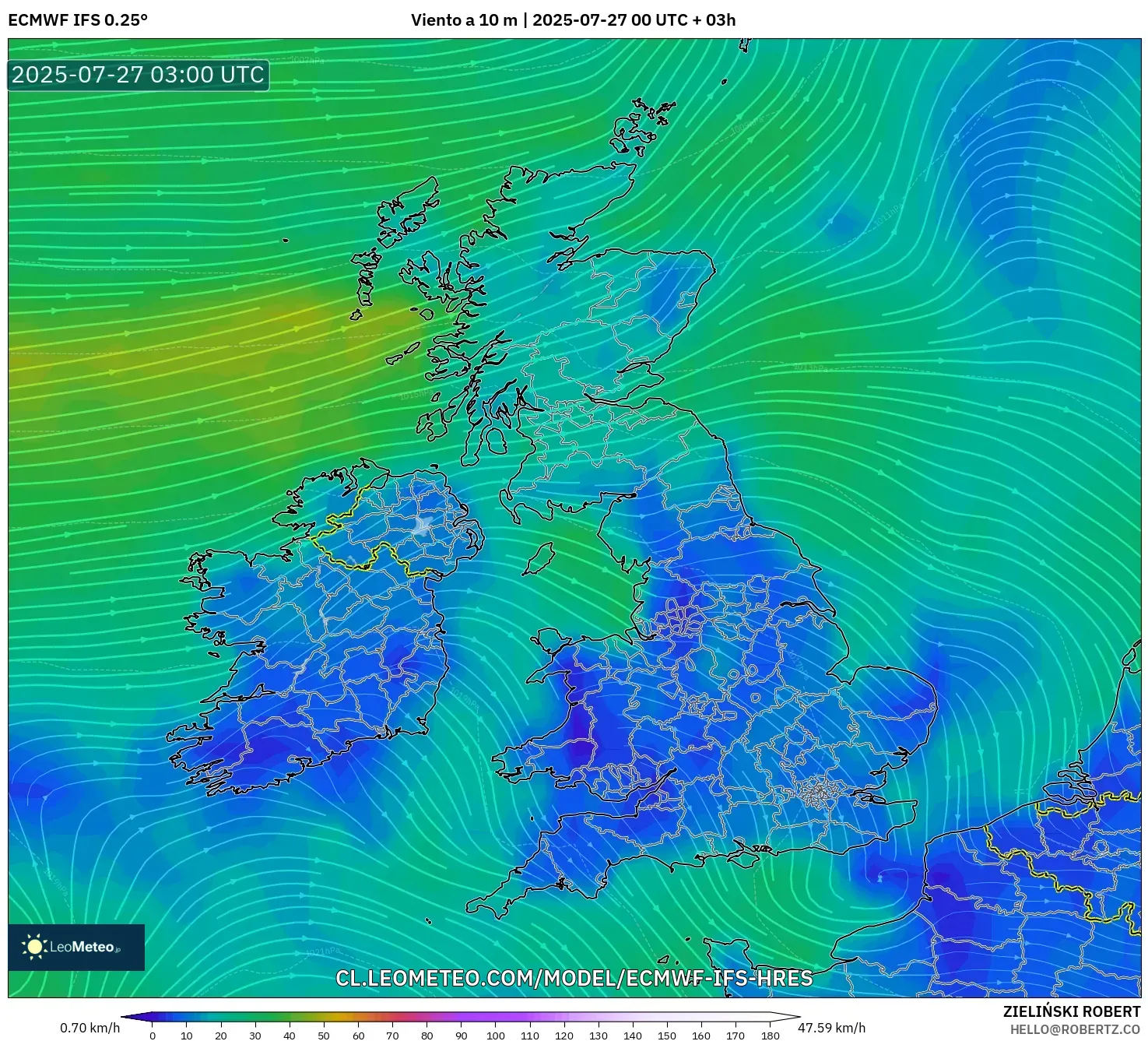 ECMWF IFS 0.25° model - Reino Unido, Viento a 10 m ECMWF IFS 0.25° model - Reino Unido, Viento a 10 m