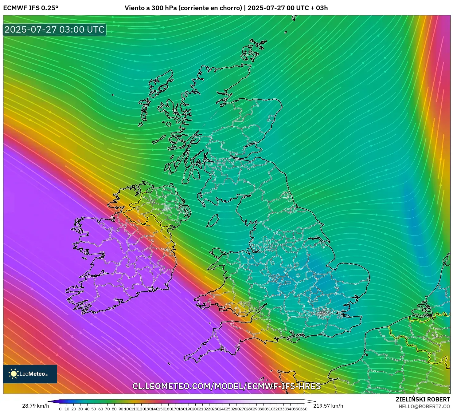 ECMWF IFS 0.25° model - Reino Unido, Viento a 300 hPa (corriente en chorro) ECMWF IFS 0.25° model - Reino Unido, Viento a 300 hPa (corriente en chorro)