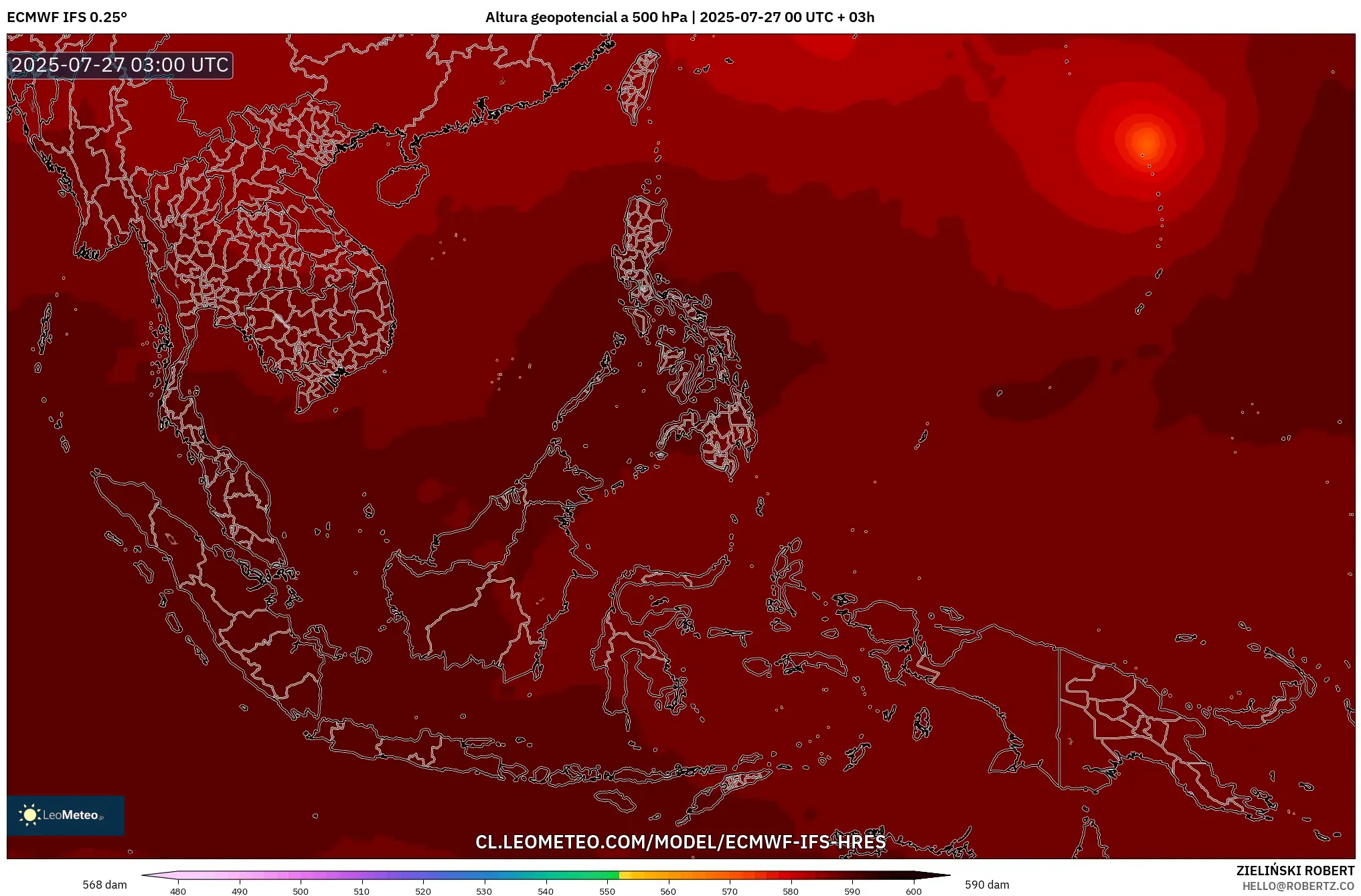 ECMWF IFS 0.25° model - Sudeste Asiático, Altura geopotencial a 500 hPa ECMWF IFS 0.25° model - Sudeste Asiático, Altura geopotencial a 500 hPa