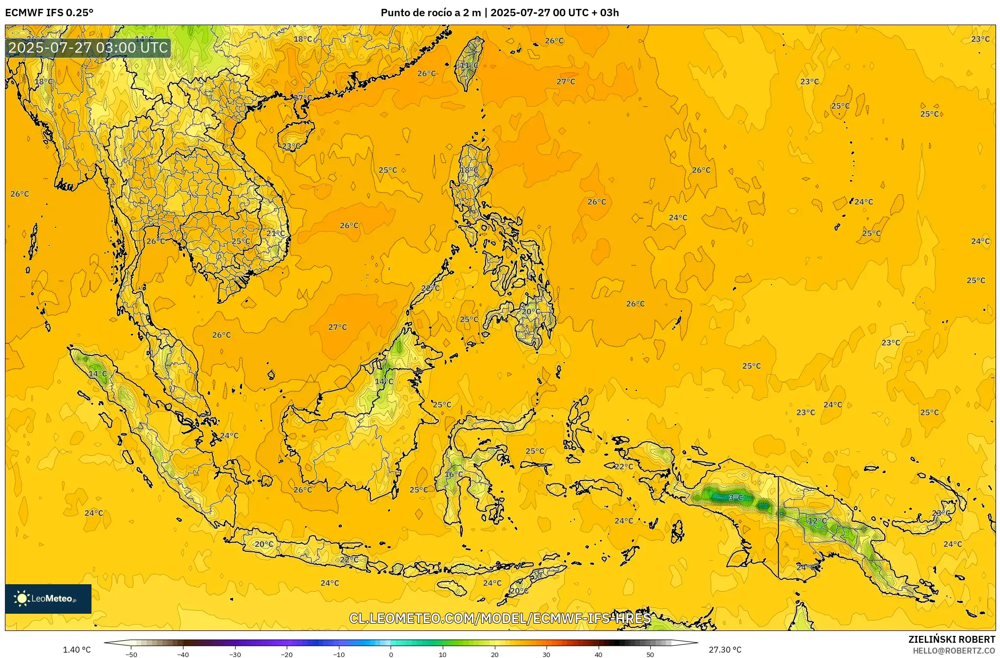 ECMWF IFS 0.25° model - Sudeste Asiático, Punto de rocío a 2 m ECMWF IFS 0.25° model - Sudeste Asiático, Punto de rocío a 2 m