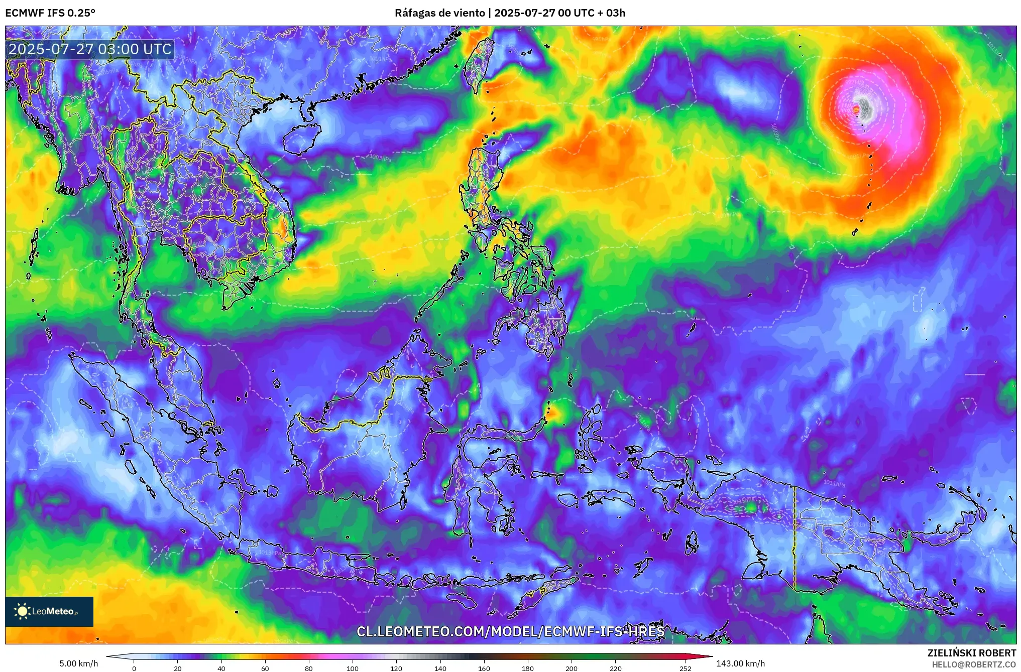 ECMWF IFS 0.25° model - Sudeste Asiático, Ráfagas de viento