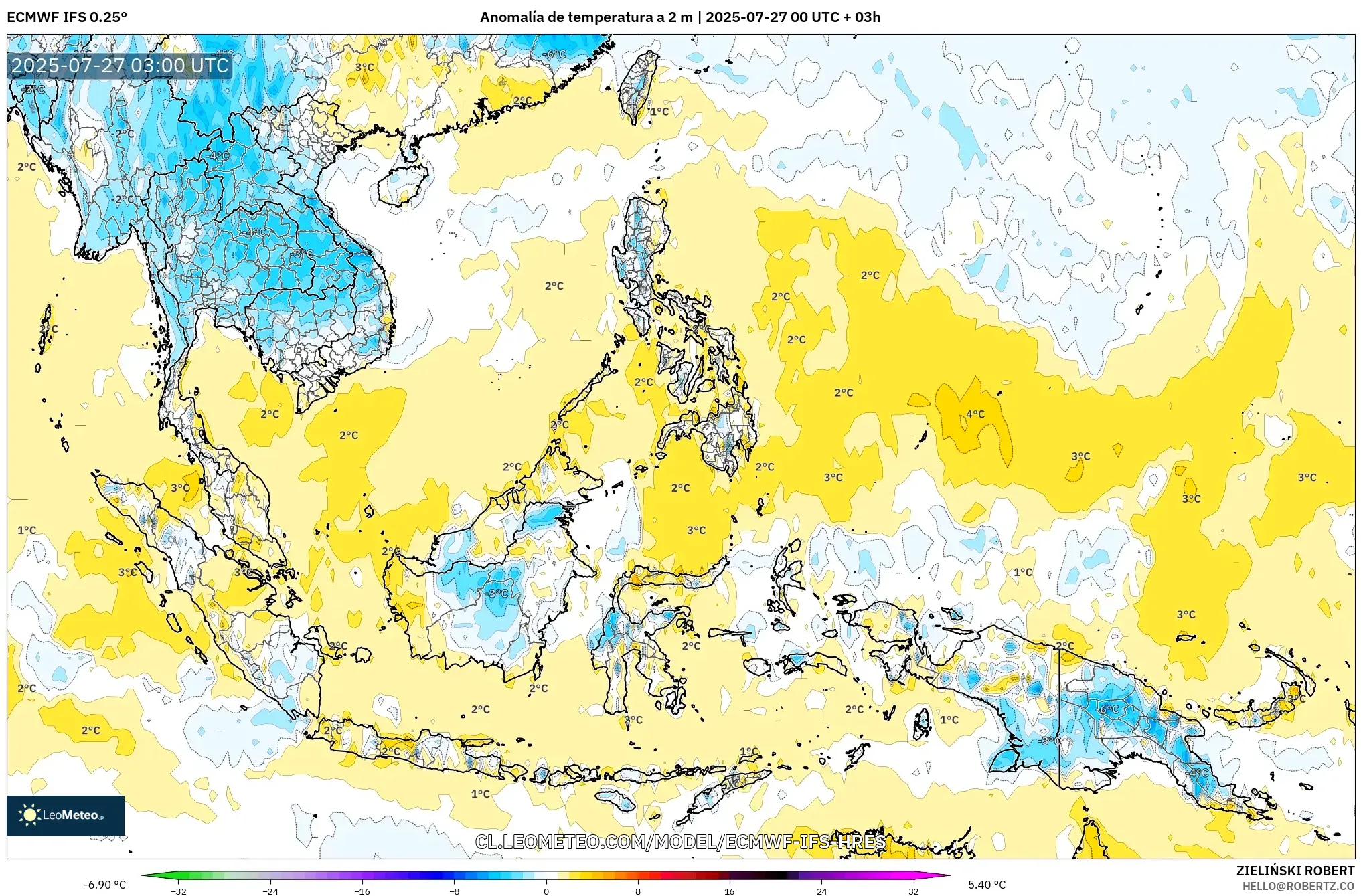 ECMWF IFS 0.25° model - Sudeste Asiático, Anomalía de temperatura a 2 m ECMWF IFS 0.25° model - Sudeste Asiático, Anomalía de temperatura a 2 m