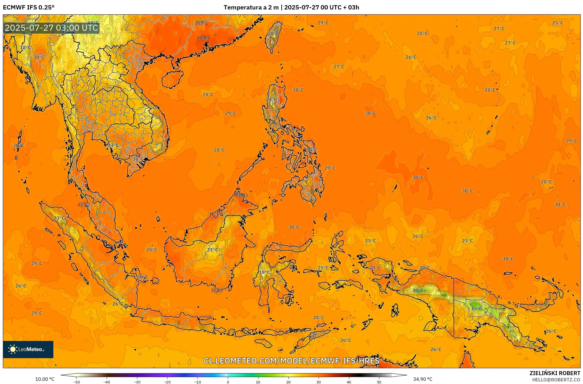 ECMWF IFS 0.25° model - Sudeste Asiático, Temperatura a 2 m