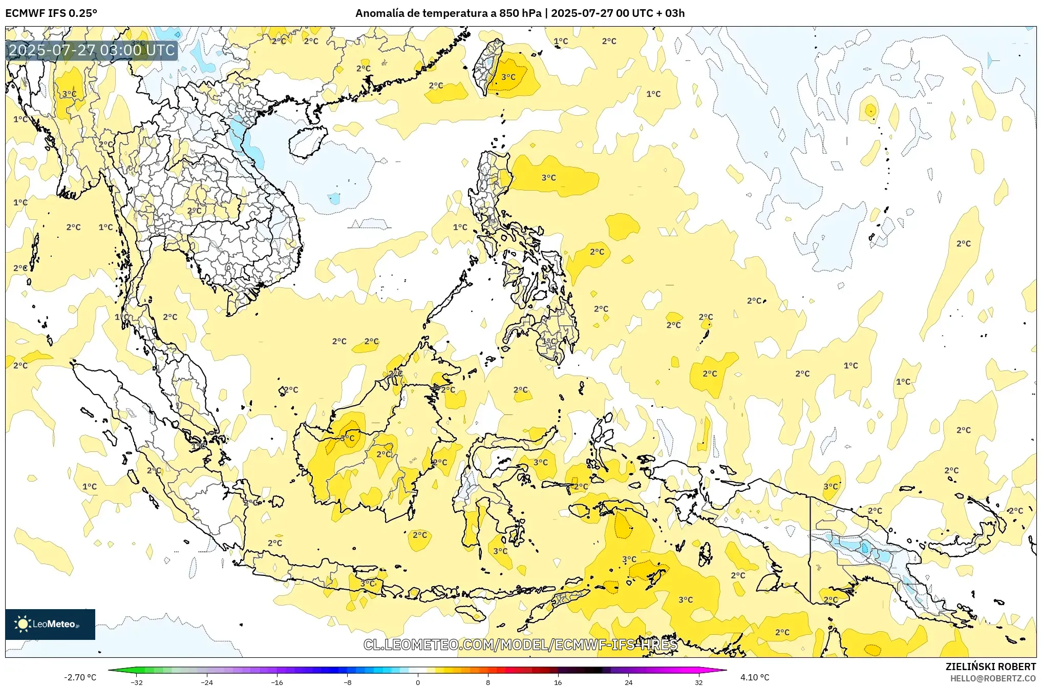 ECMWF IFS 0.25° model - Sudeste Asiático, Anomalía de temperatura a 850 hPa ECMWF IFS 0.25° model - Sudeste Asiático, Anomalía de temperatura a 850 hPa