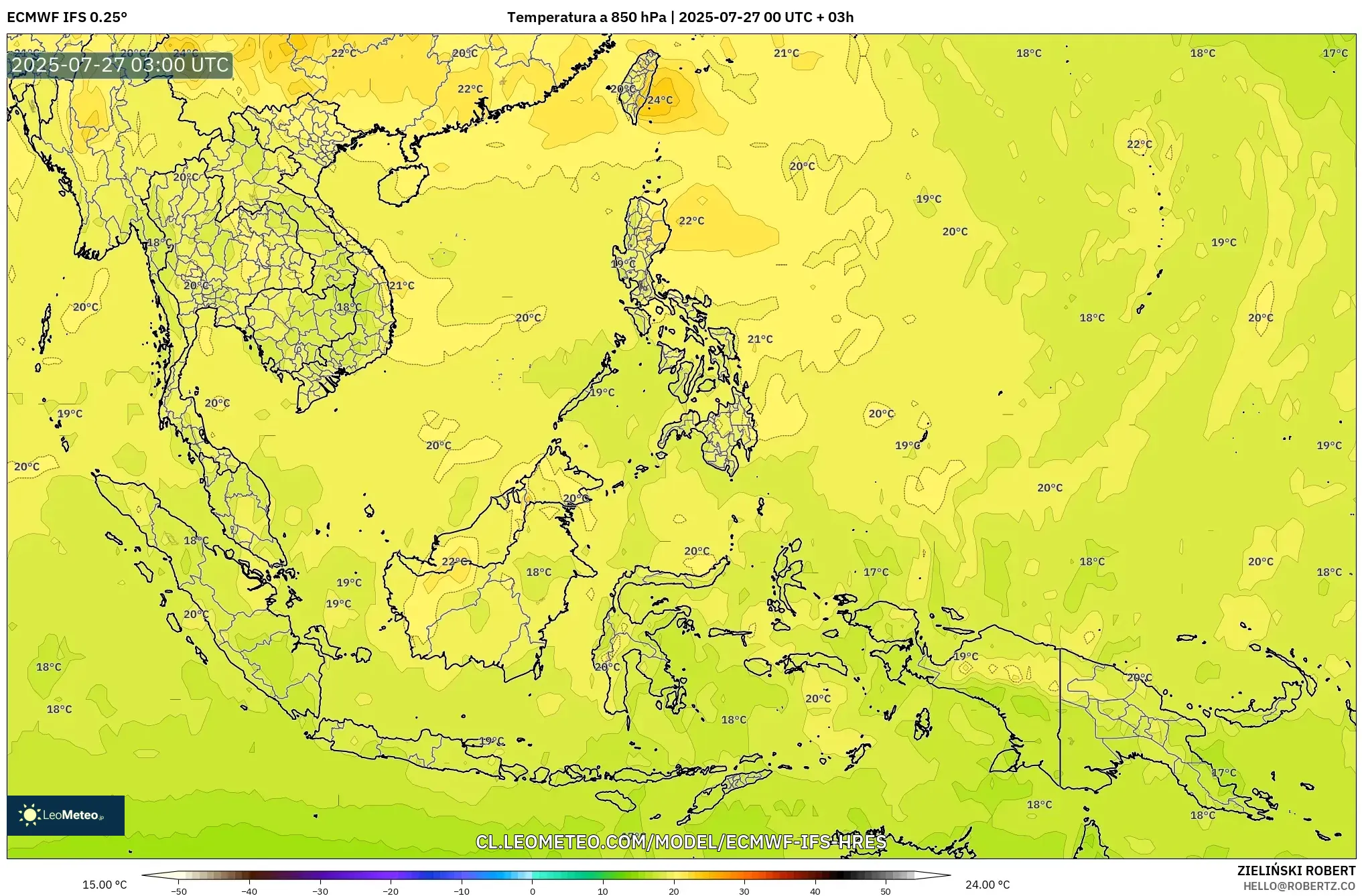 ECMWF IFS 0.25° model - Sudeste Asiático, Temperatura a 850 hPa