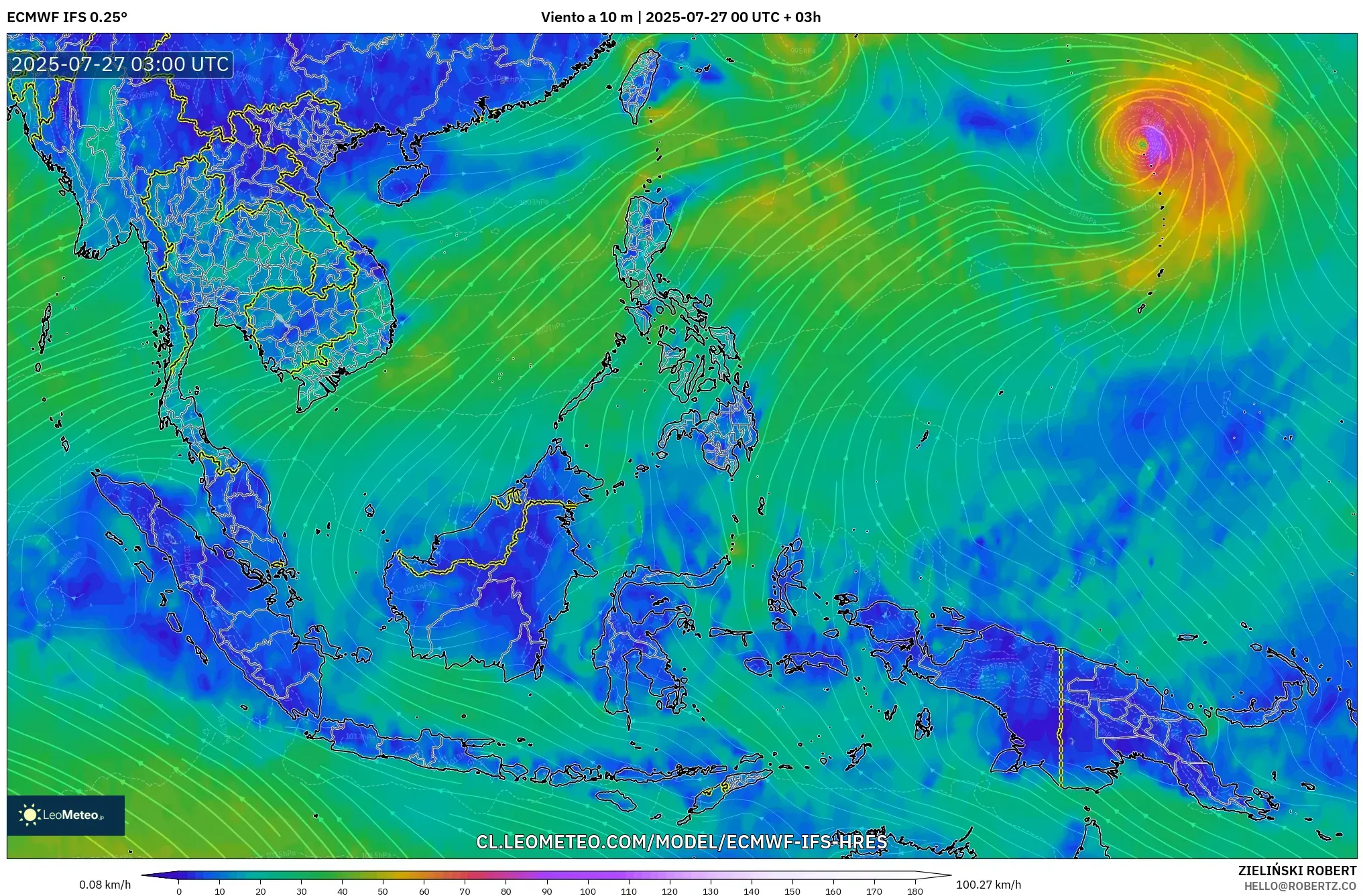 ECMWF IFS 0.25° model - Sudeste Asiático, Viento a 10 m ECMWF IFS 0.25° model - Sudeste Asiático, Viento a 10 m