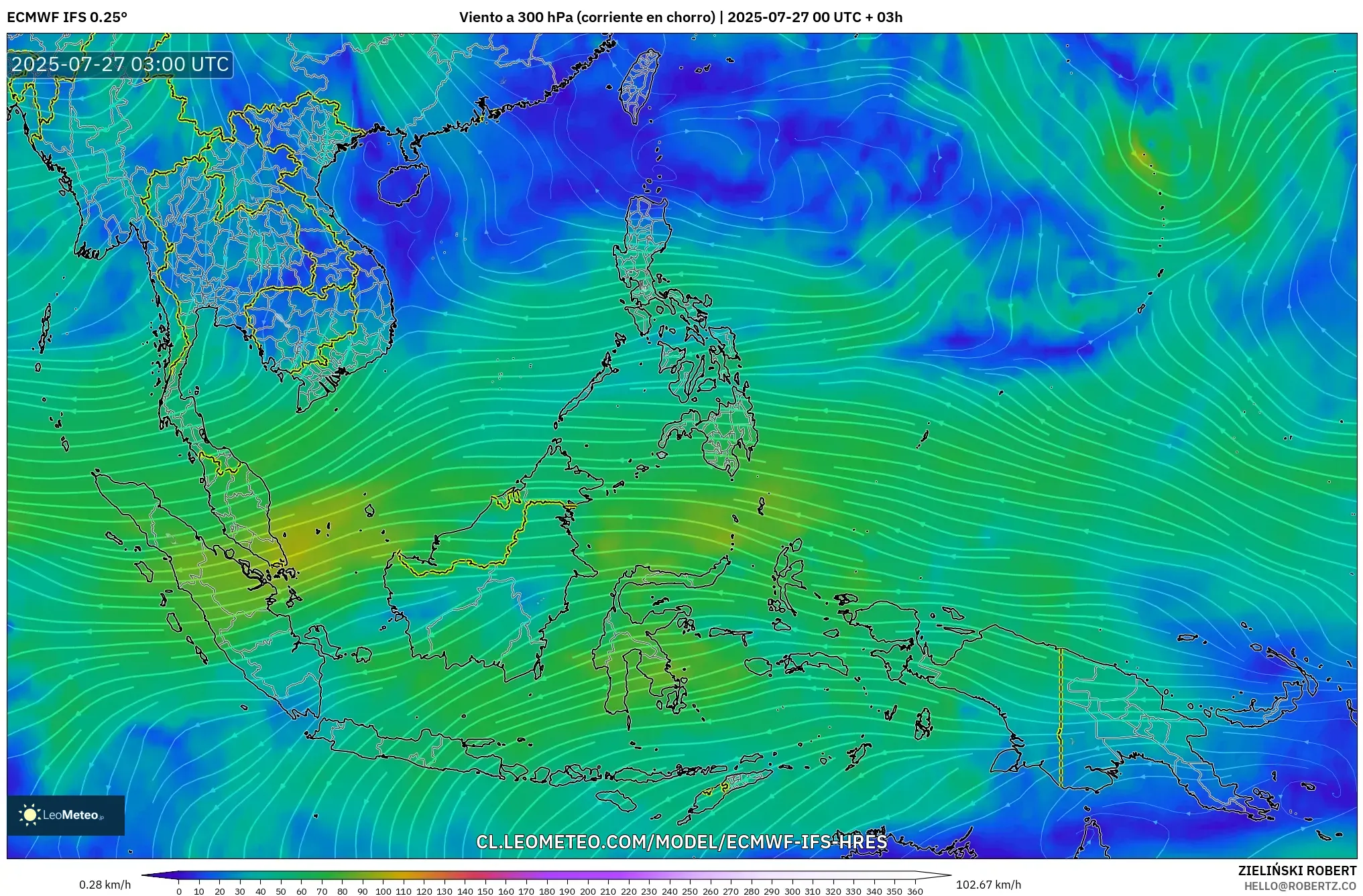 ECMWF IFS 0.25° model - Sudeste Asiático, Viento a 300 hPa (corriente en chorro)