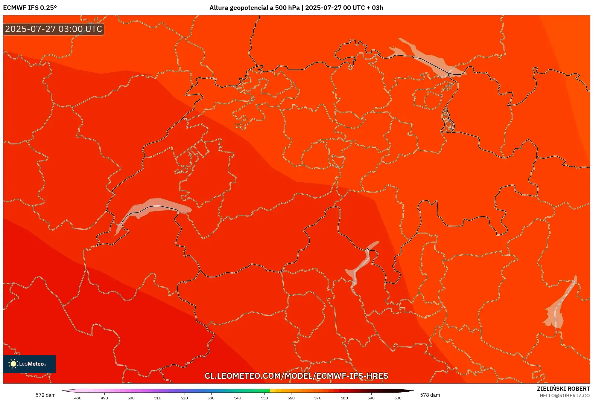 ECMWF IFS 0.25° model - Suiza, Altura geopotencial a 500 hPa ECMWF IFS 0.25° model - Suiza, Altura geopotencial a 500 hPa