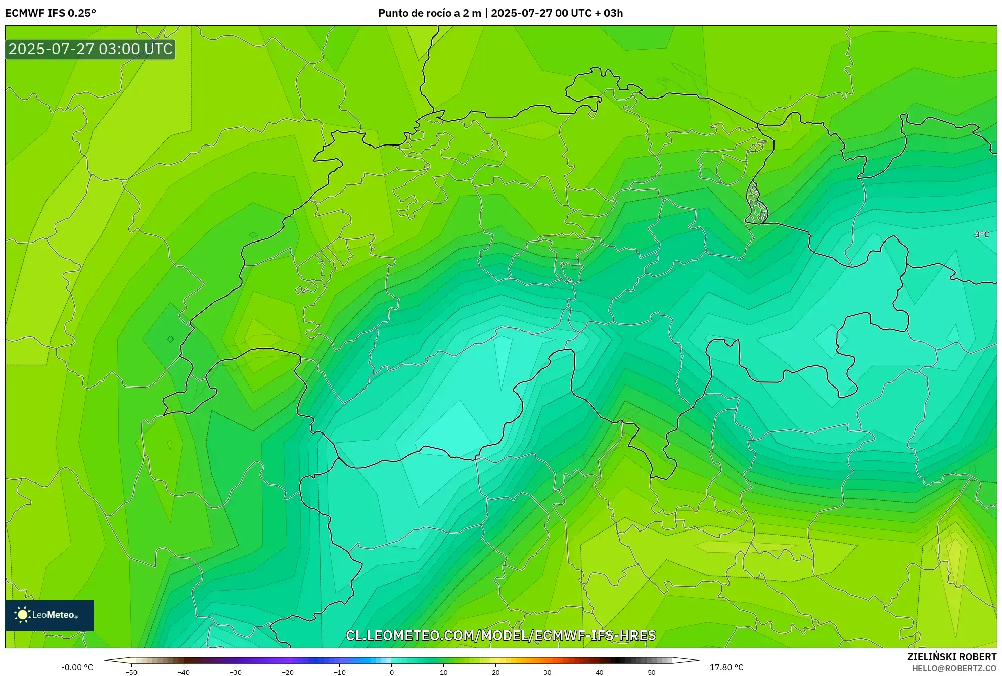ECMWF IFS 0.25° model - Suiza, Punto de rocío a 2 m ECMWF IFS 0.25° model - Suiza, Punto de rocío a 2 m