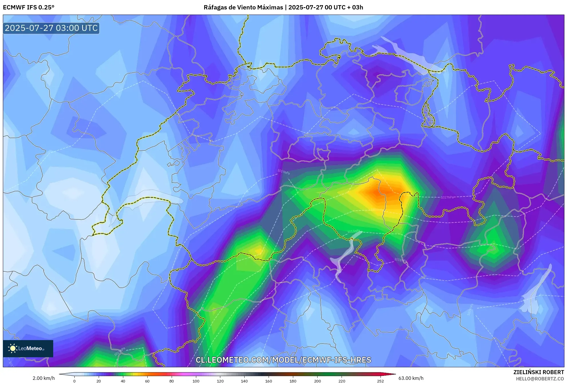 ECMWF IFS 0.25° model - Suiza, Ráfagas de Viento Máximas ECMWF IFS 0.25° model - Suiza, Ráfagas de Viento Máximas