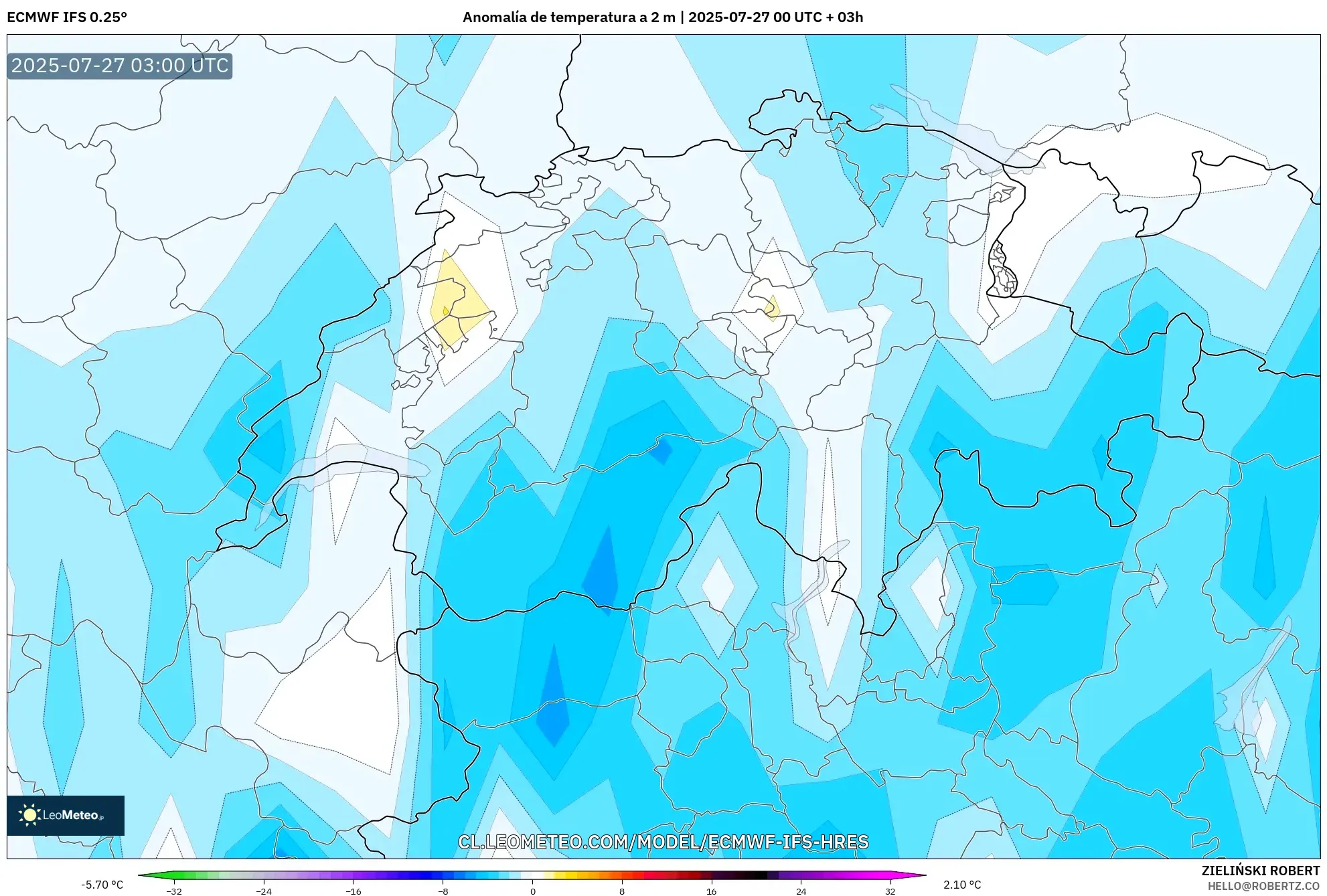 ECMWF IFS 0.25° model - Suiza, Anomalía de temperatura a 2 m ECMWF IFS 0.25° model - Suiza, Anomalía de temperatura a 2 m