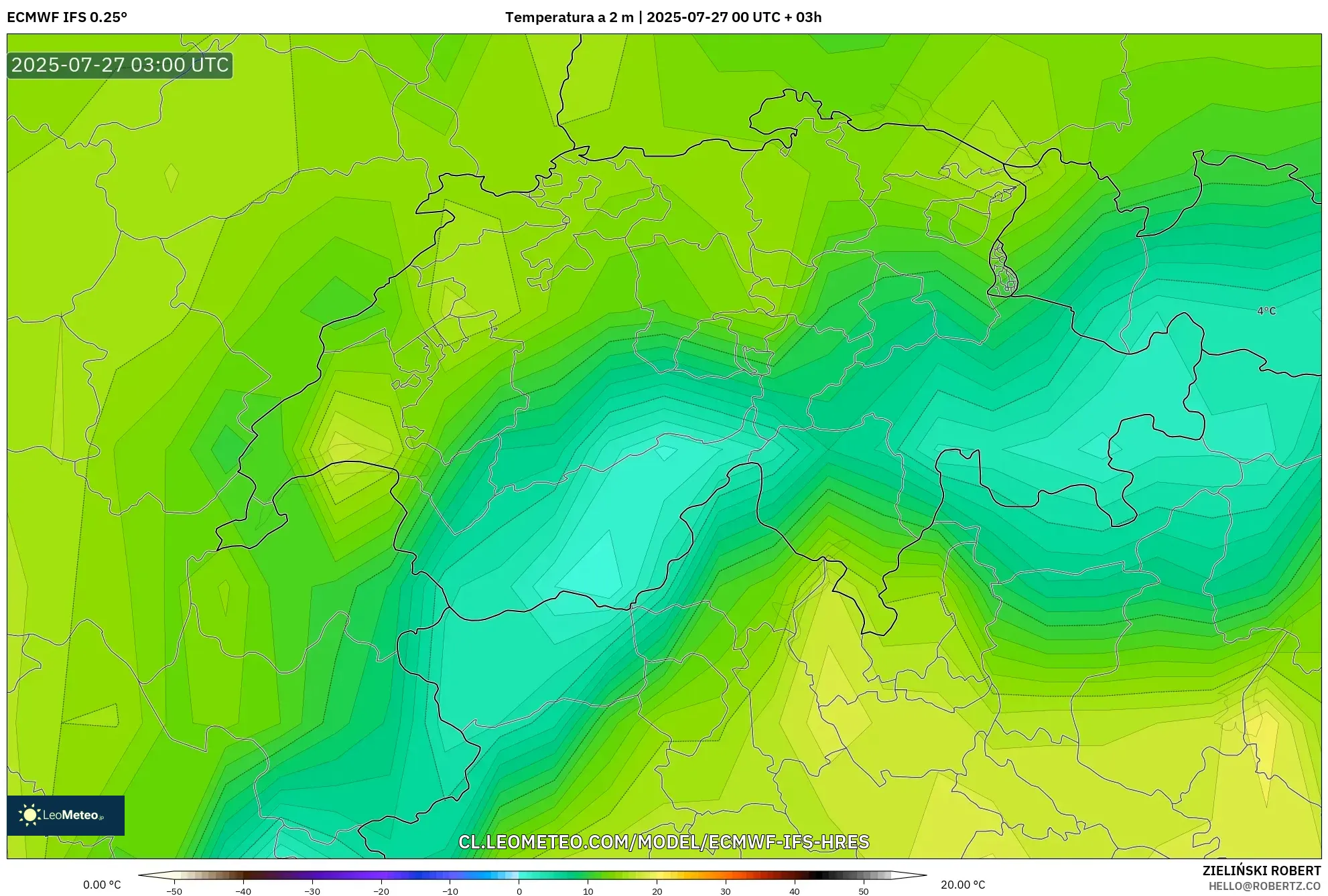 ECMWF IFS 0.25° model - Suiza, Temperatura a 2 m