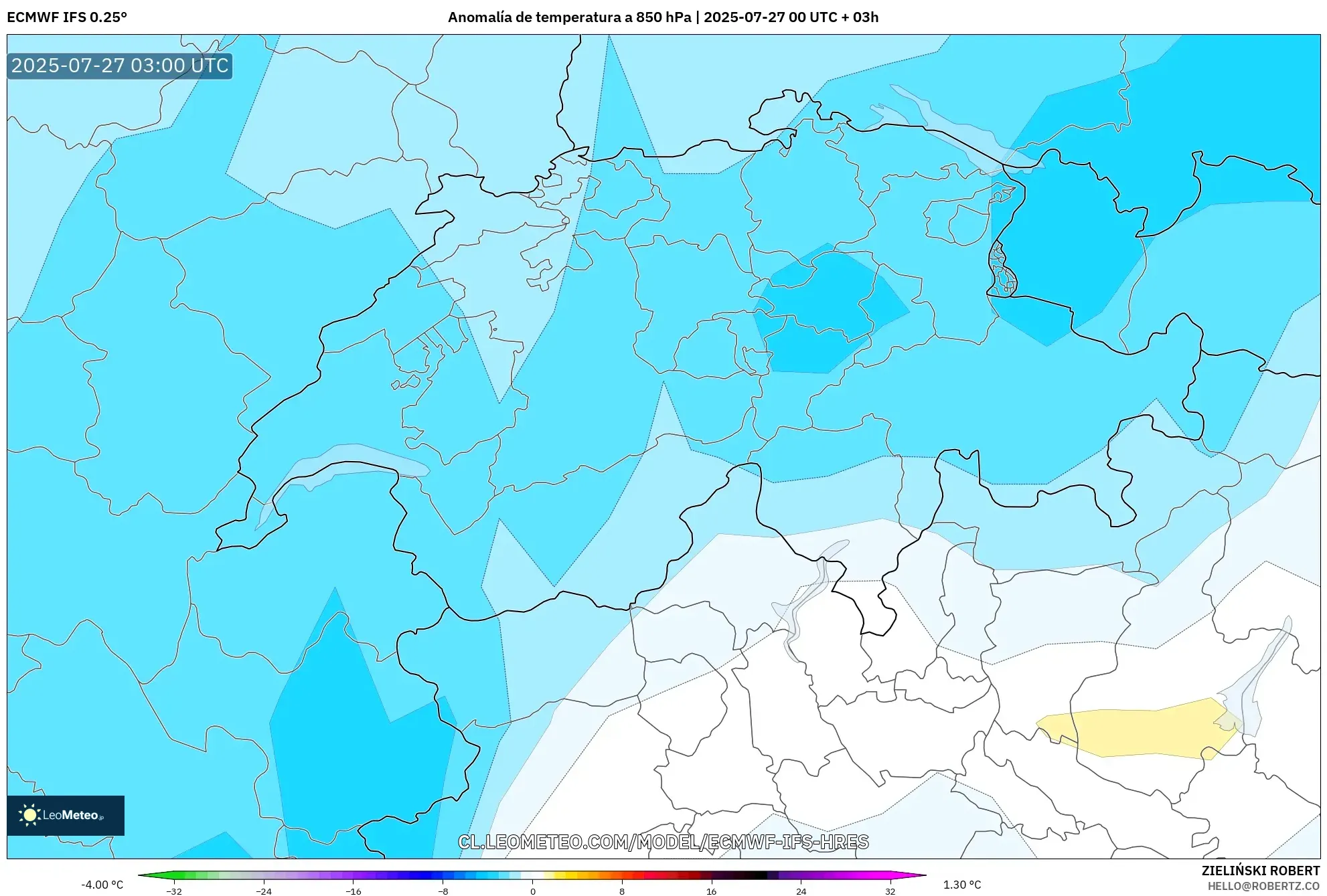 ECMWF IFS 0.25° model - Suiza, Anomalía de temperatura a 850 hPa ECMWF IFS 0.25° model - Suiza, Anomalía de temperatura a 850 hPa