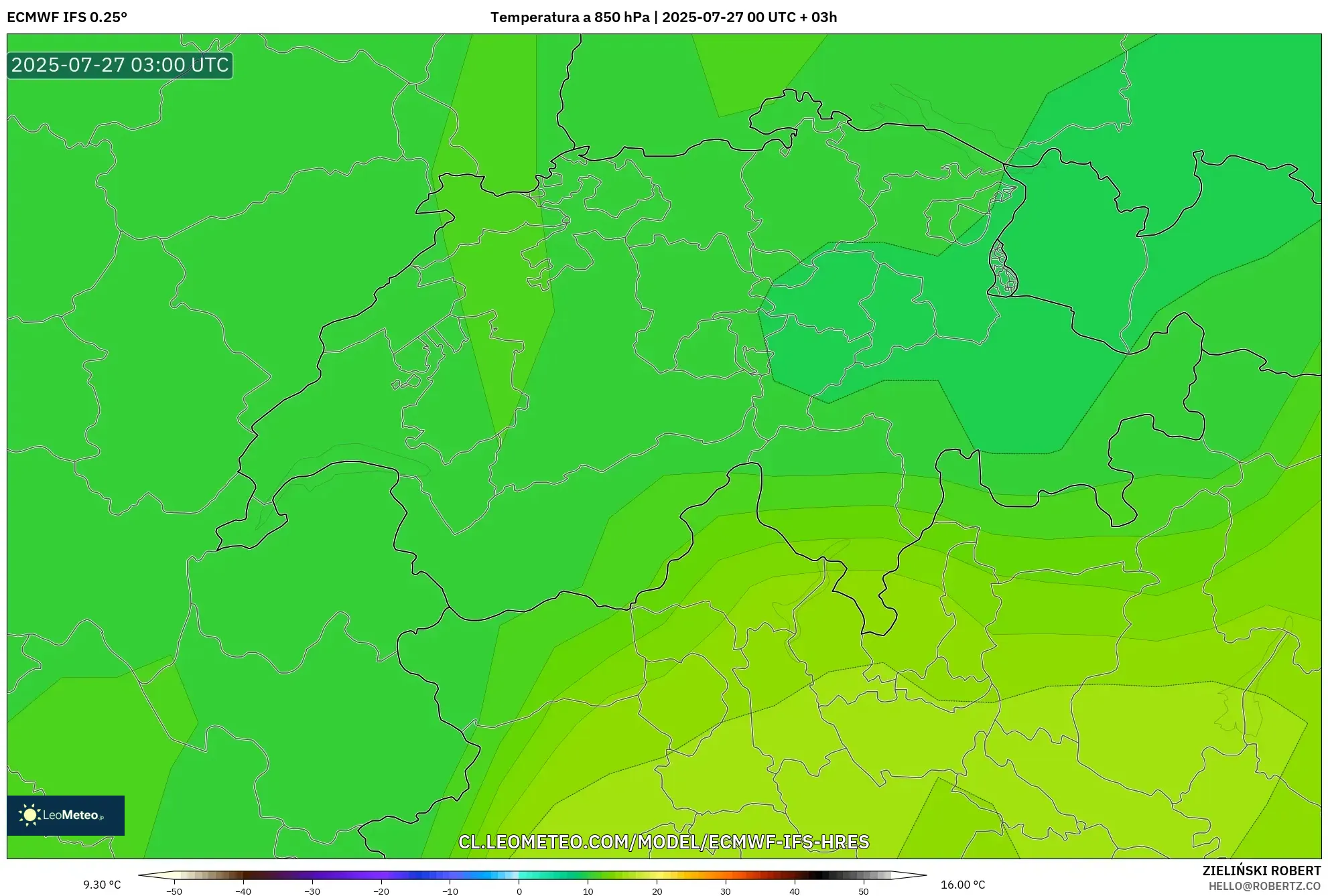 ECMWF IFS 0.25° model - Suiza, Temperatura a 850 hPa ECMWF IFS 0.25° model - Suiza, Temperatura a 850 hPa