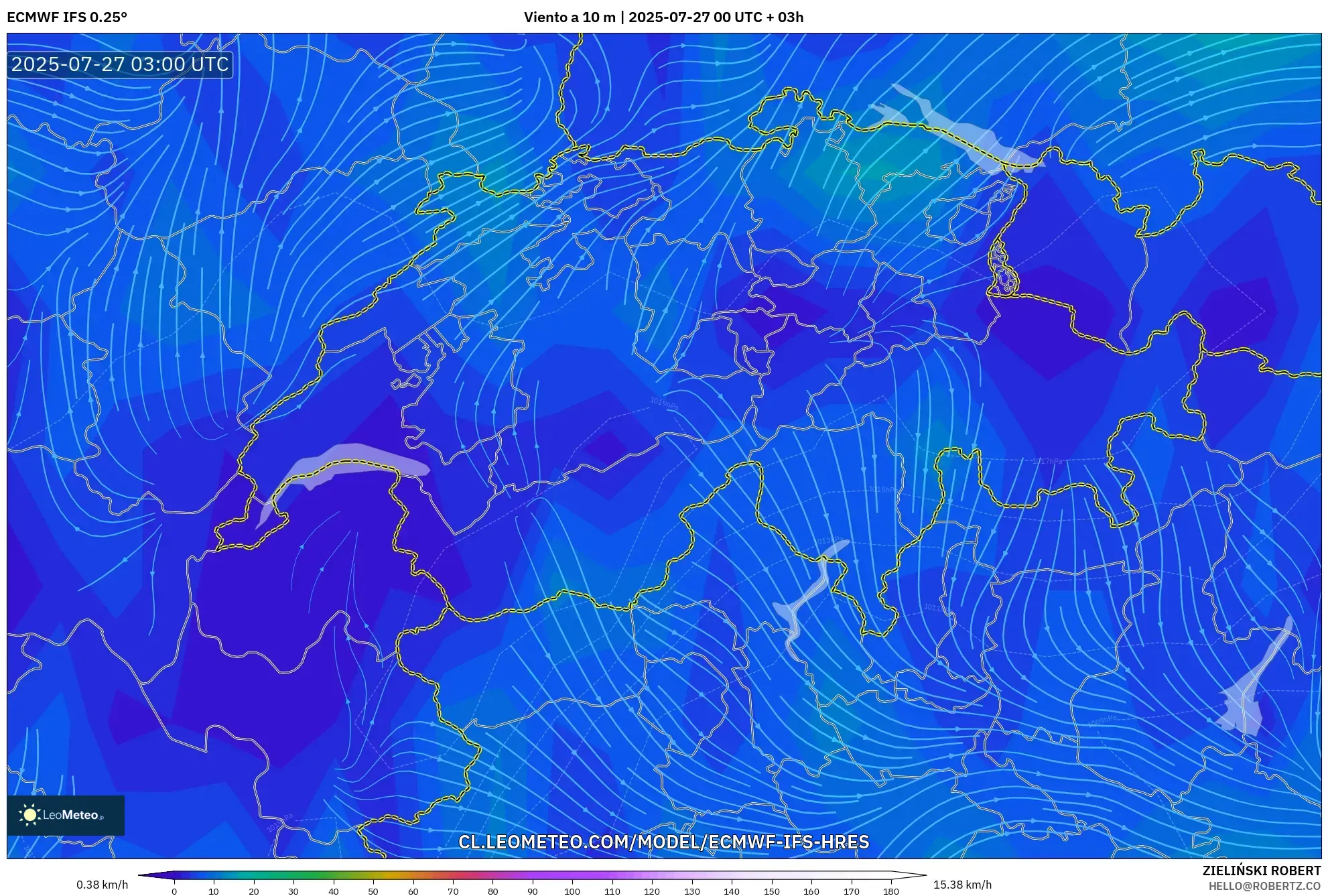 ECMWF IFS 0.25° model - Suiza, Viento a 10 m ECMWF IFS 0.25° model - Suiza, Viento a 10 m