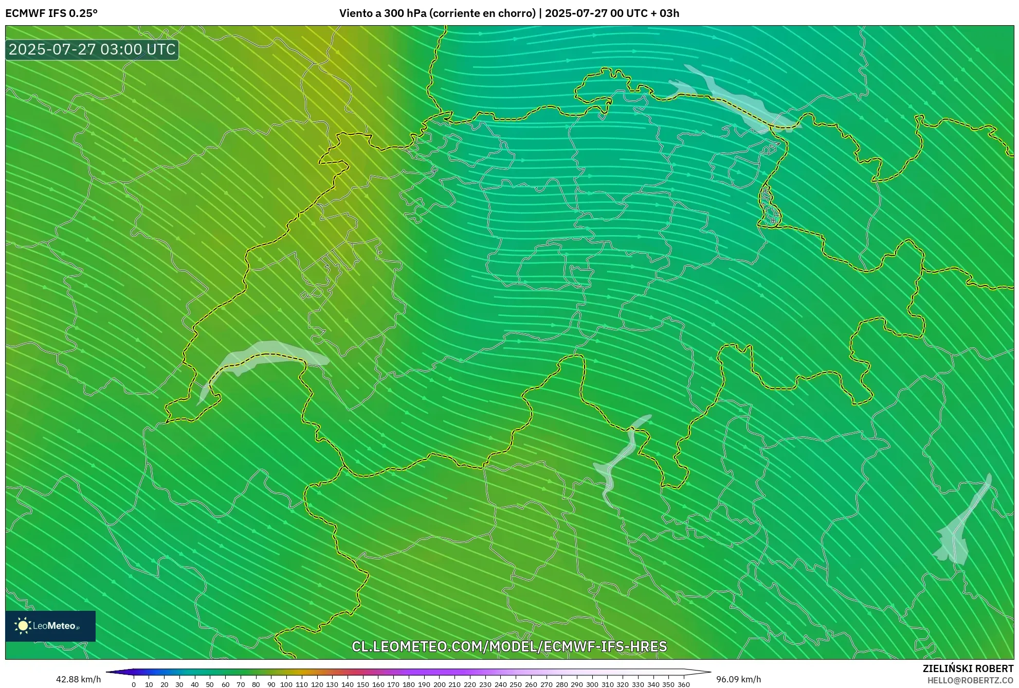 ECMWF IFS 0.25° model - Suiza, Viento a 300 hPa (corriente en chorro) ECMWF IFS 0.25° model - Suiza, Viento a 300 hPa (corriente en chorro)