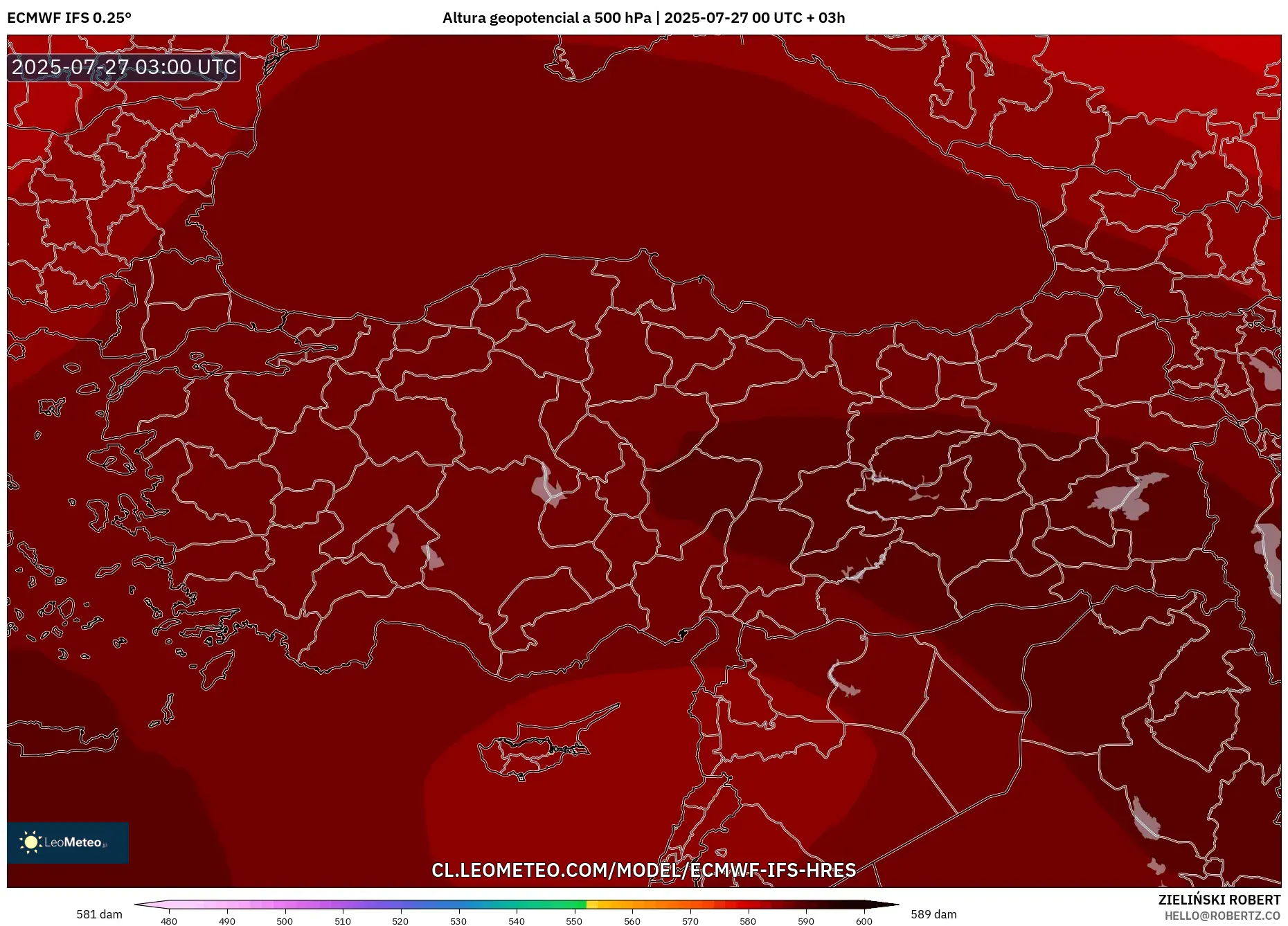 ECMWF IFS 0.25° model - Turquía, Altura geopotencial a 500 hPa ECMWF IFS 0.25° model - Turquía, Altura geopotencial a 500 hPa