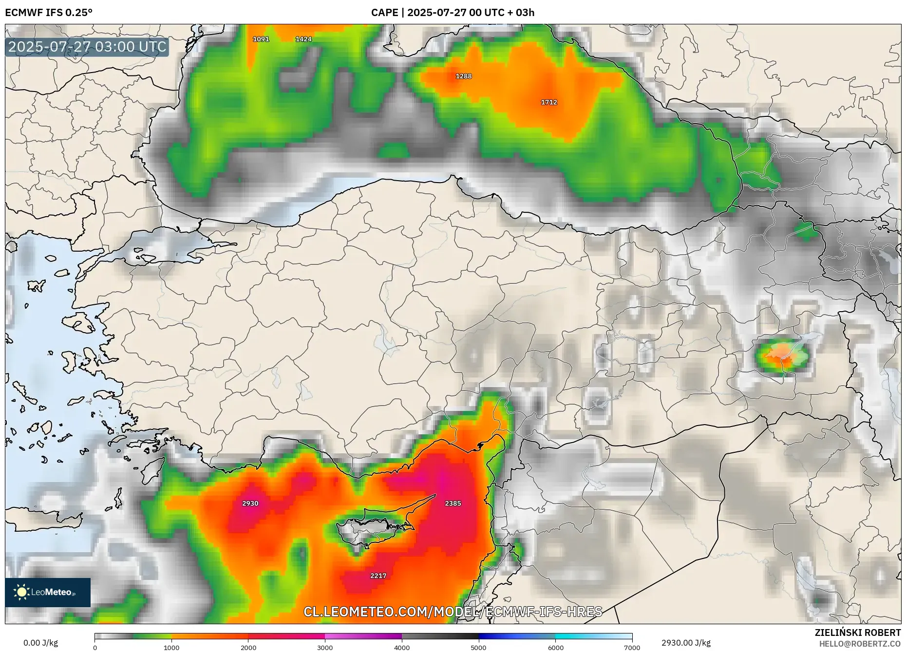 ECMWF IFS 0.25° model - Turquía, CAPE ECMWF IFS 0.25° model - Turquía, CAPE