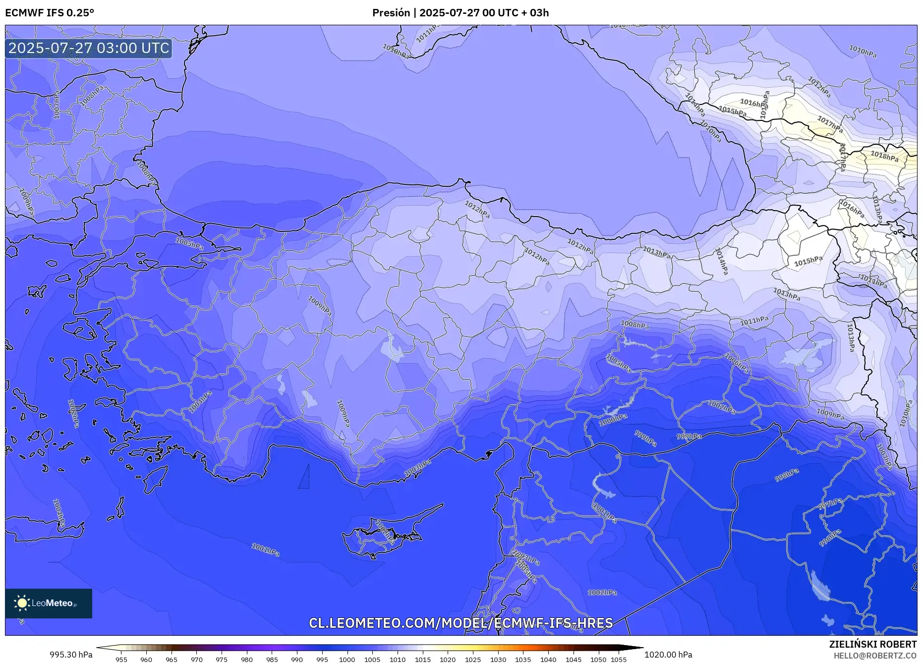 ECMWF IFS 0.25° model - Turquía, Presión ECMWF IFS 0.25° model - Turquía, Presión