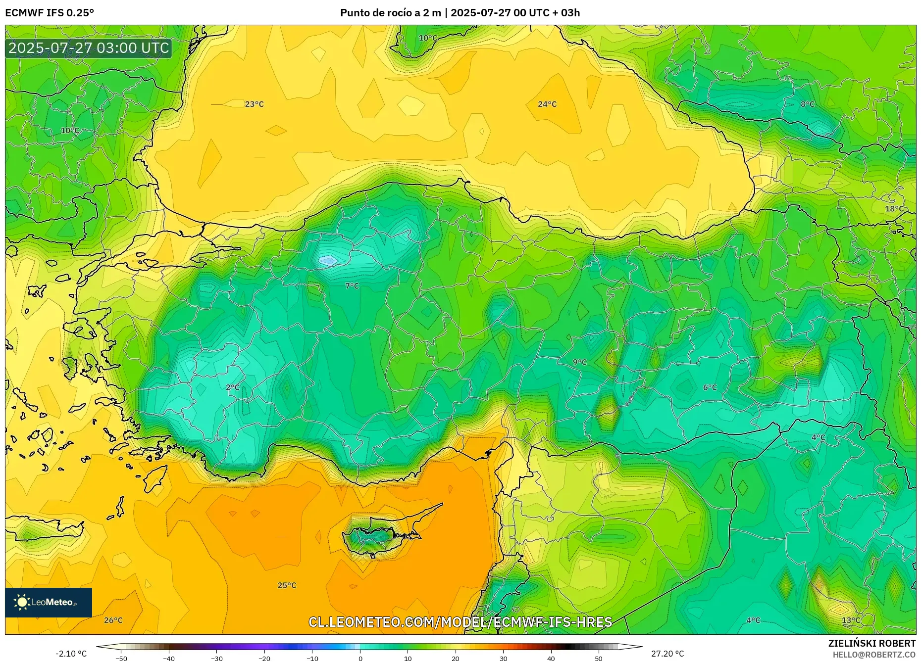 ECMWF IFS 0.25° model - Turquía, Punto de rocío a 2 m ECMWF IFS 0.25° model - Turquía, Punto de rocío a 2 m