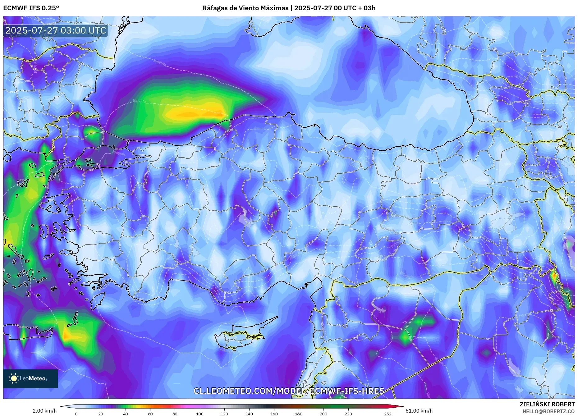 ECMWF IFS 0.25° model - Turquía, Ráfagas de Viento Máximas