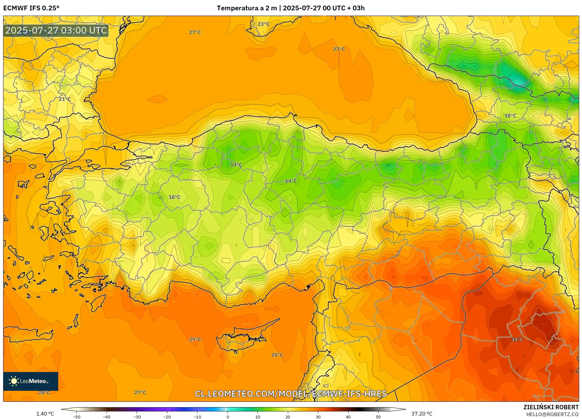 ECMWF IFS 0.25° model - Turquía, Temperatura a 2 m ECMWF IFS 0.25° model - Turquía, Temperatura a 2 m