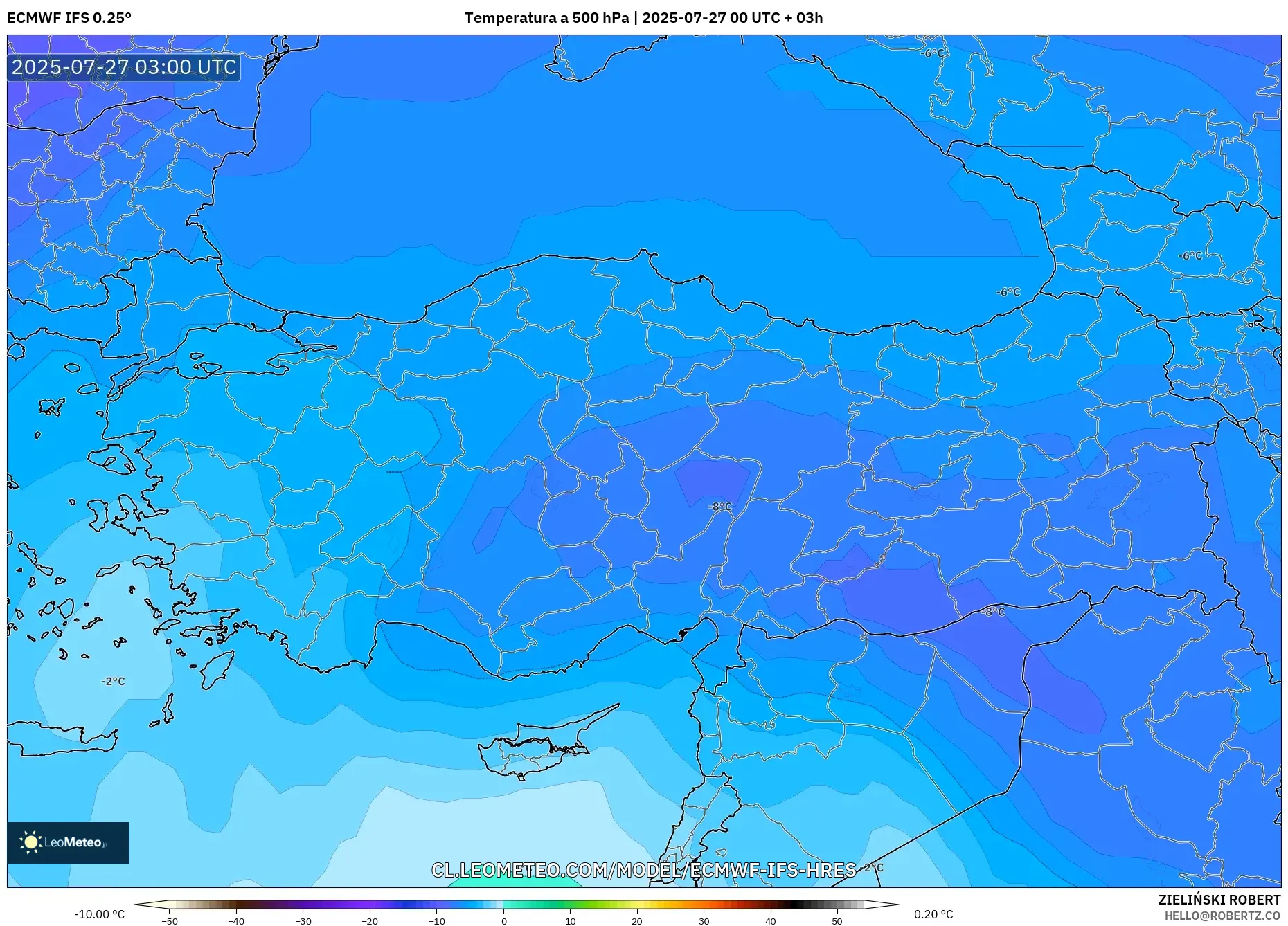ECMWF IFS 0.25° model - Turquía, Temperatura a 500 hPa ECMWF IFS 0.25° model - Turquía, Temperatura a 500 hPa