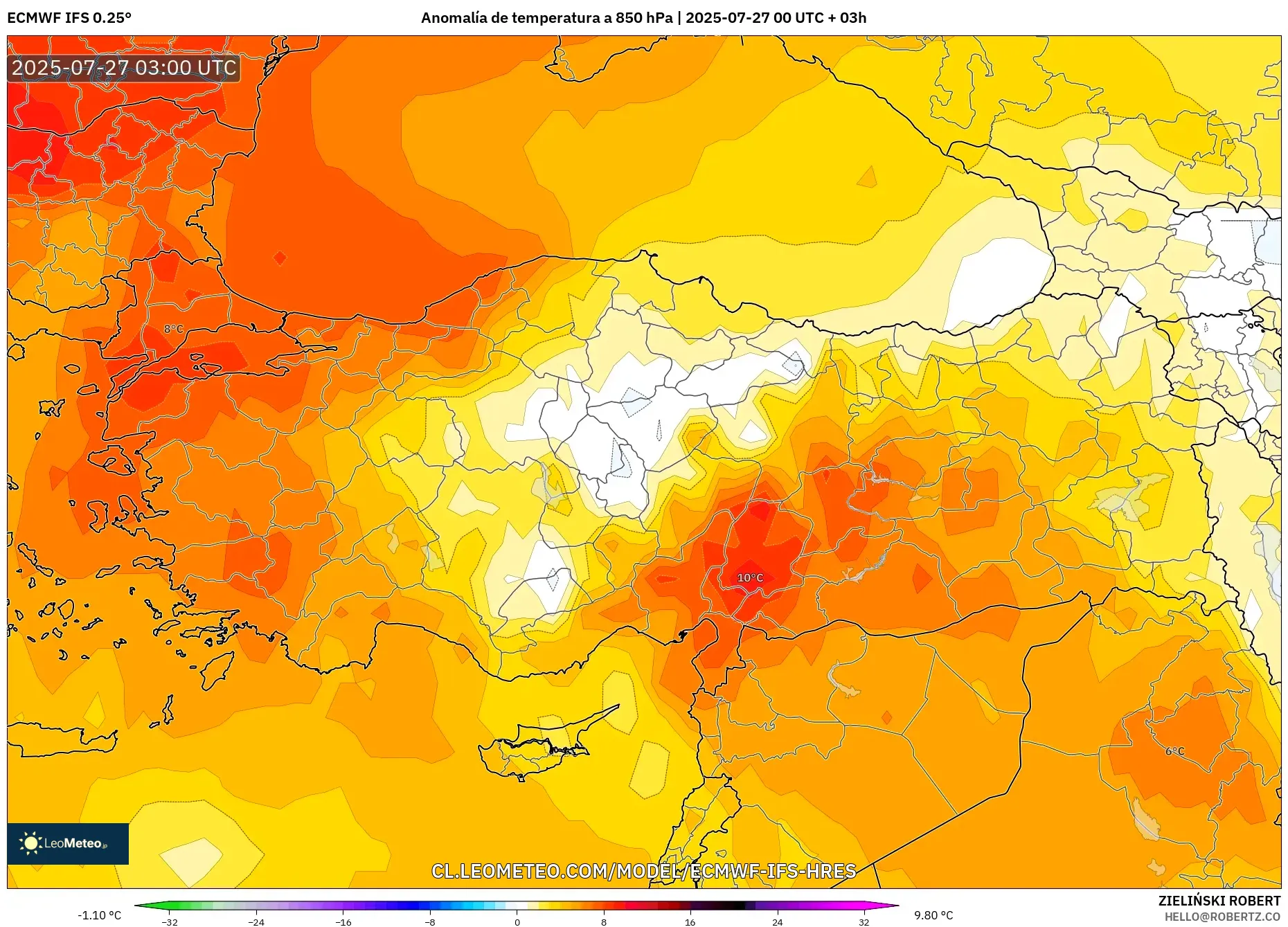 ECMWF IFS 0.25° model - Turquía, Anomalía de temperatura a 850 hPa ECMWF IFS 0.25° model - Turquía, Anomalía de temperatura a 850 hPa
