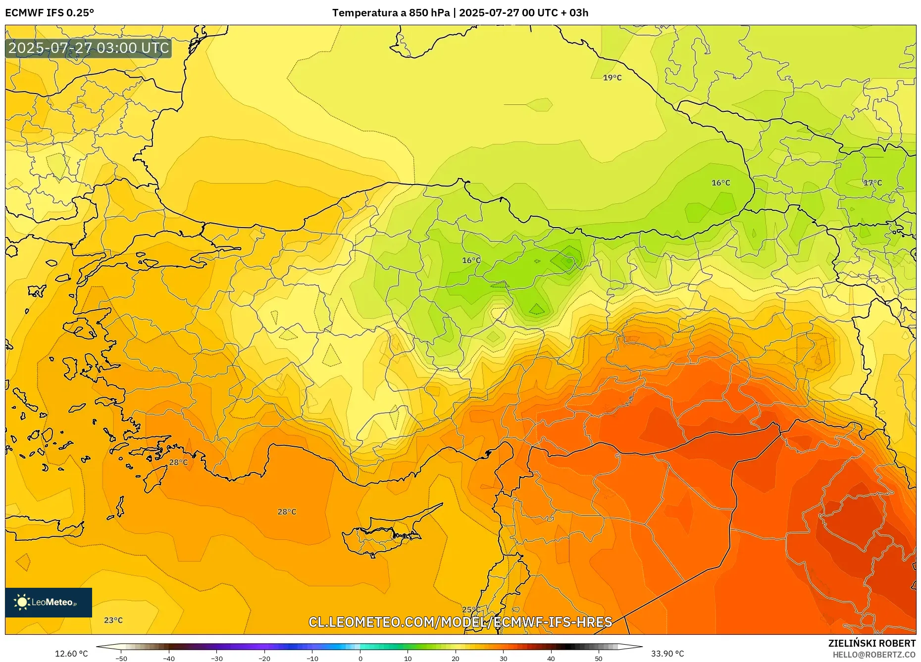 ECMWF IFS 0.25° model - Turquía, Temperatura a 850 hPa ECMWF IFS 0.25° model - Turquía, Temperatura a 850 hPa