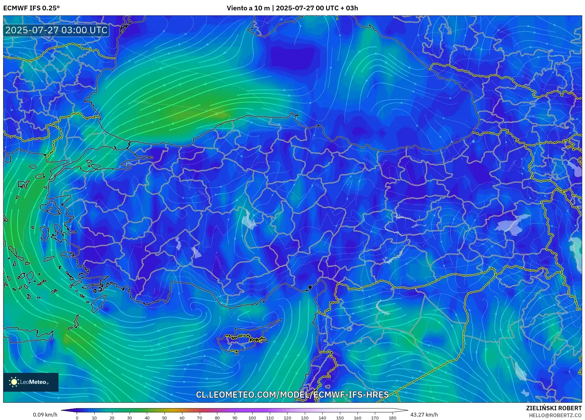 ECMWF IFS 0.25° model - Turquía, Viento a 10 m ECMWF IFS 0.25° model - Turquía, Viento a 10 m