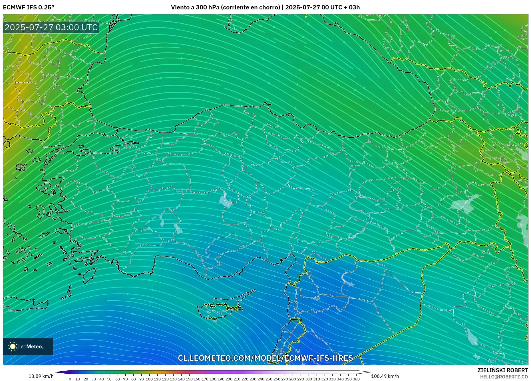 ECMWF IFS 0.25° model - Turquía, Viento a 300 hPa (corriente en chorro) ECMWF IFS 0.25° model - Turquía, Viento a 300 hPa (corriente en chorro)