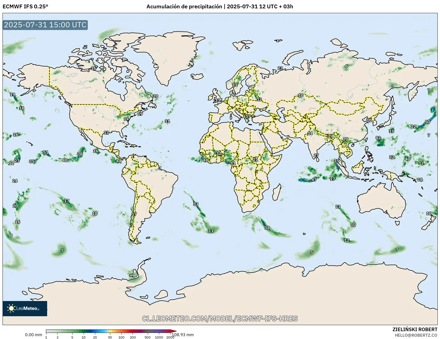 ECMWF IFS 0.25° model - Mundo, Acumulación de precipitación ECMWF IFS 0.25° model - Mundo, Acumulación de precipitación