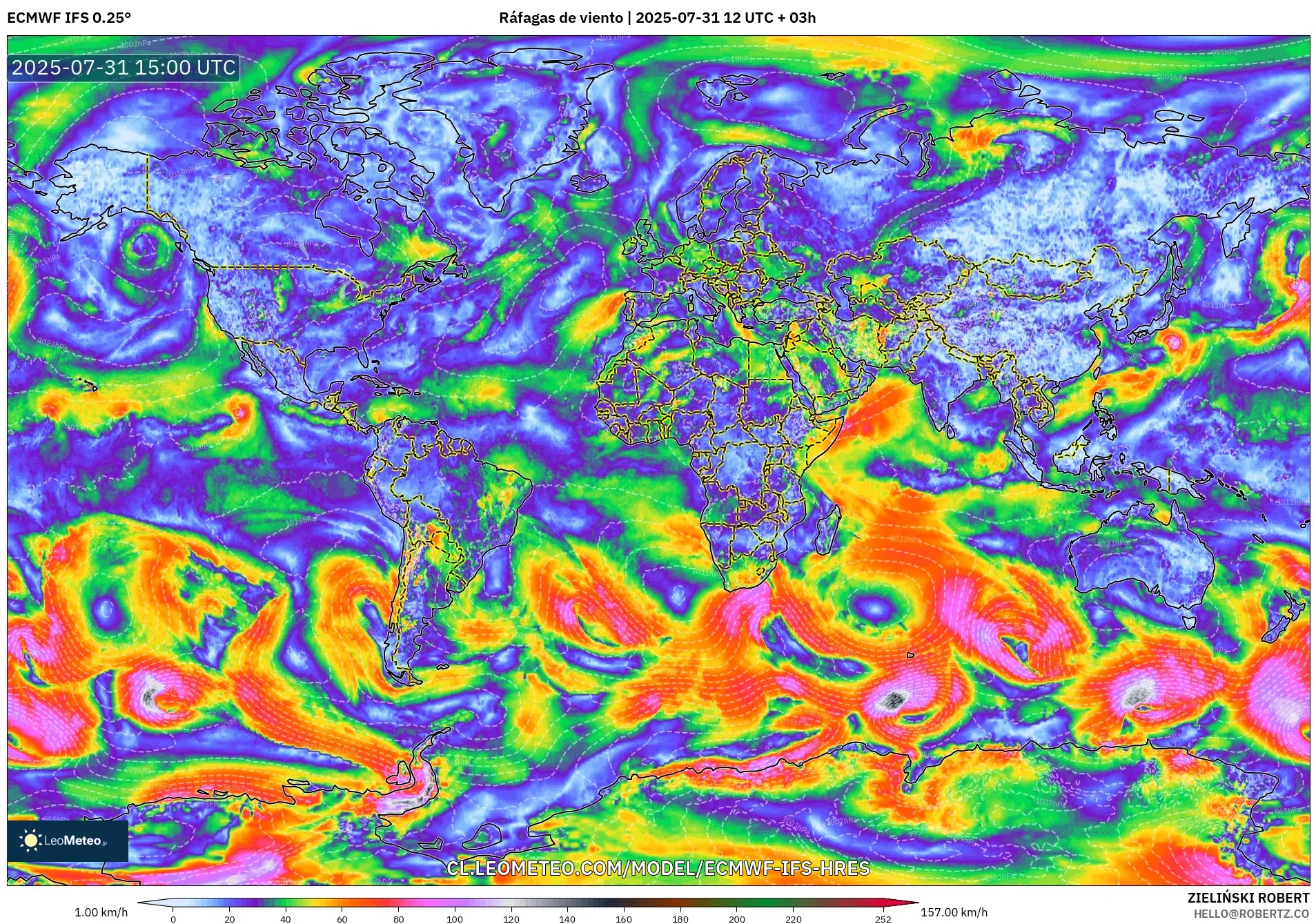 ECMWF IFS 0.25° model - Mundo, Ráfagas de viento